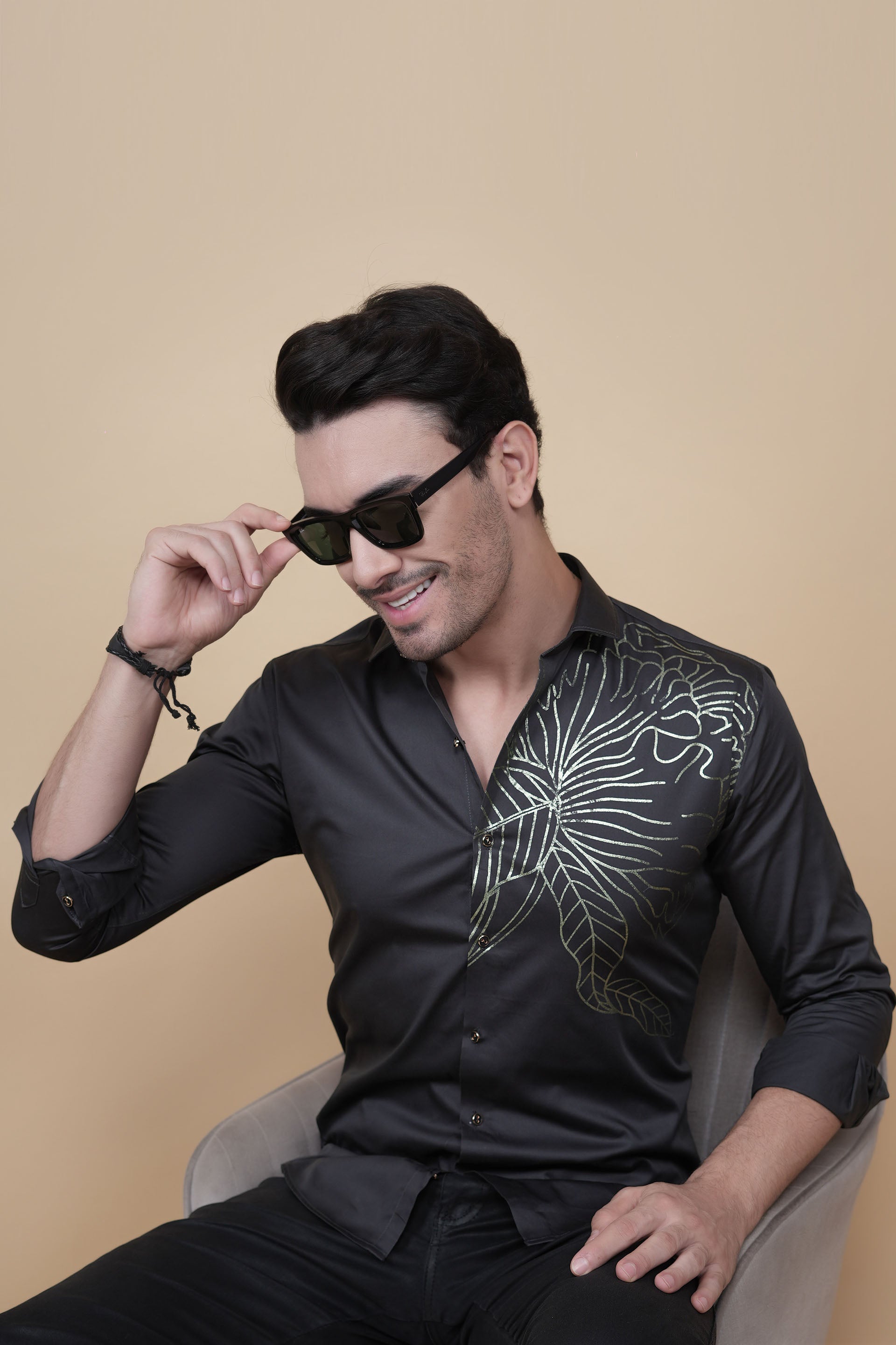 Carlos Black Cotton Flower Petals Solid Shirt
