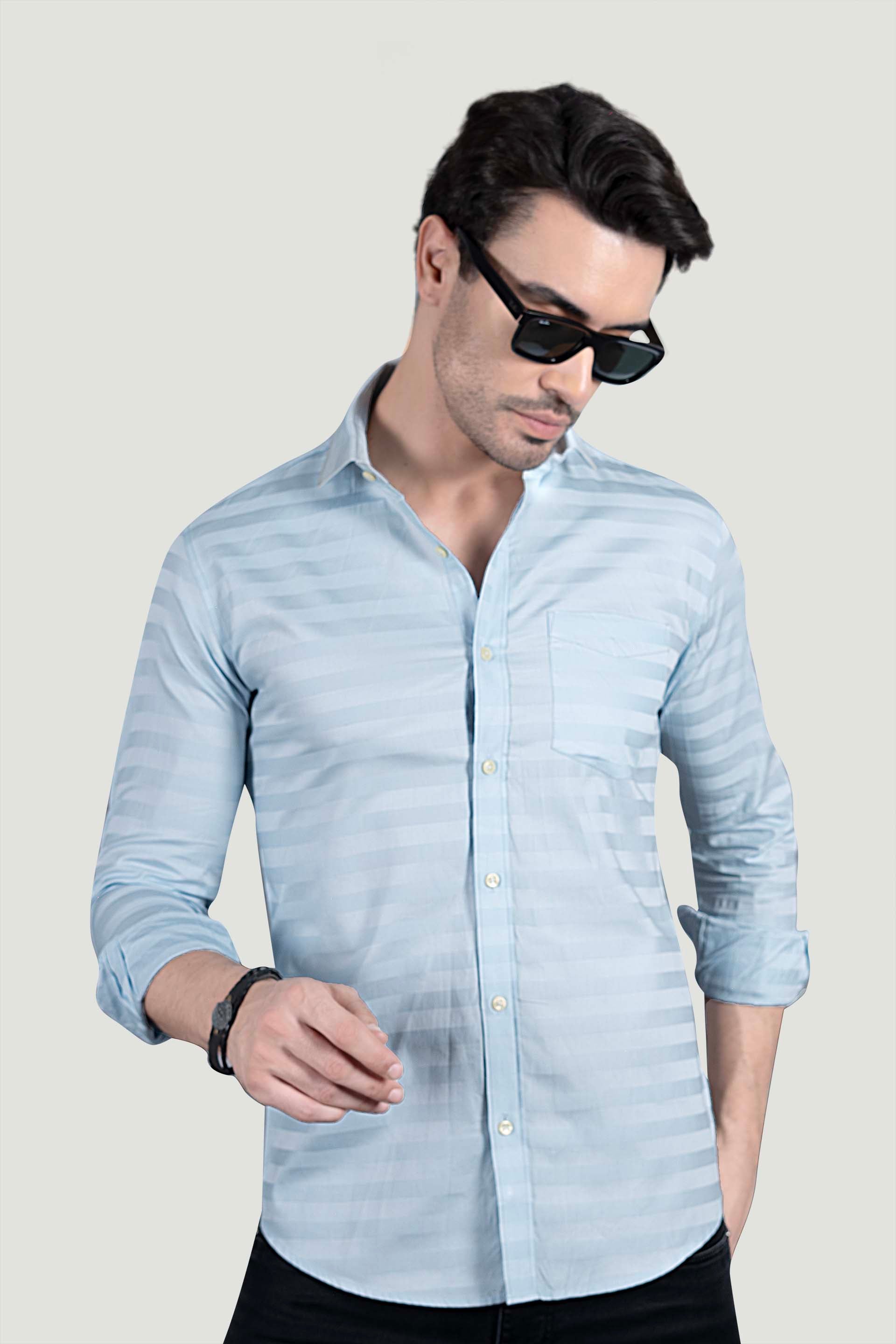 Alaric Light Blue Cotton Striped Shirt