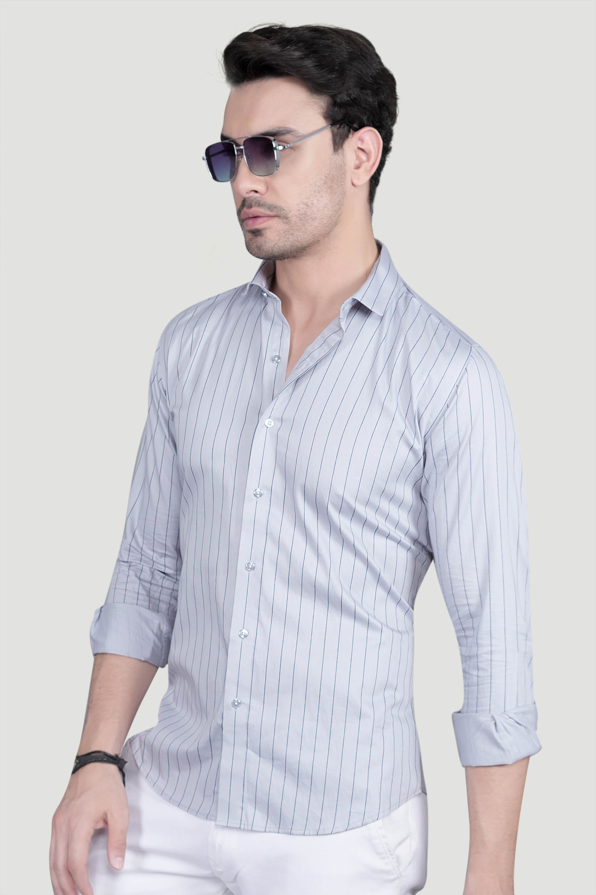 Noel Grey Cotton Striped Shirt
