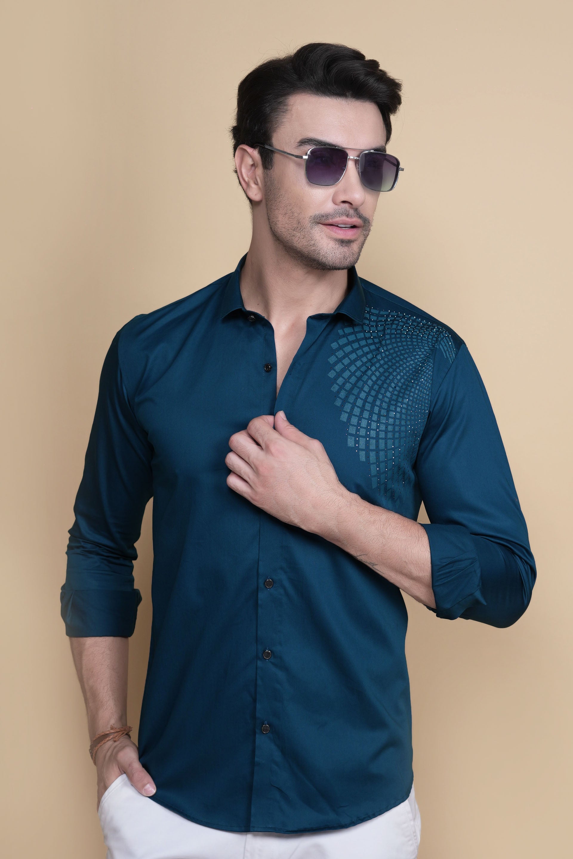 Ciaran Teal Blue Cotton Solid Shirt
