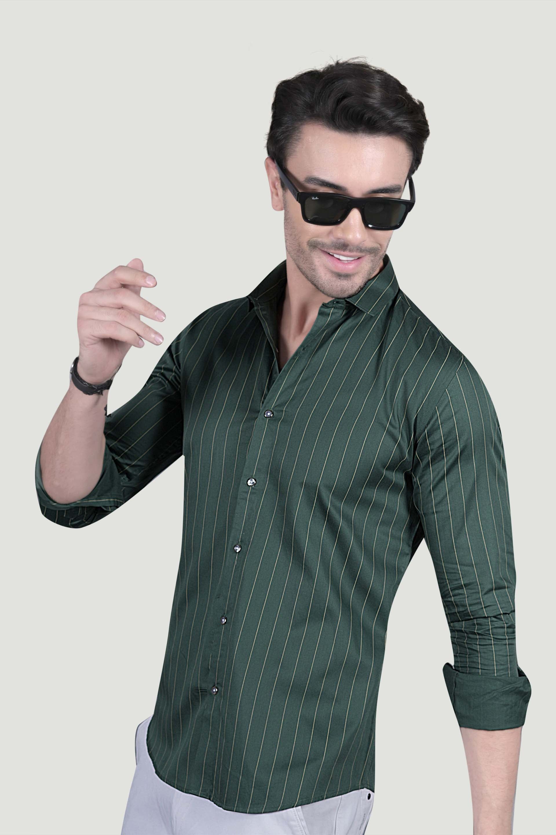 Henrik Green Cotton Striped Shirt