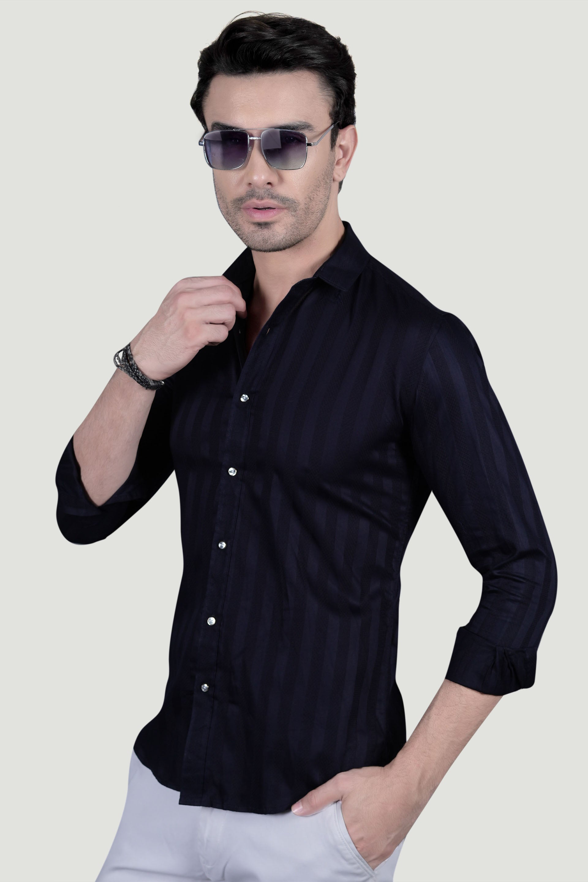 Bruno Navy Blue Cotton Striped Shirt