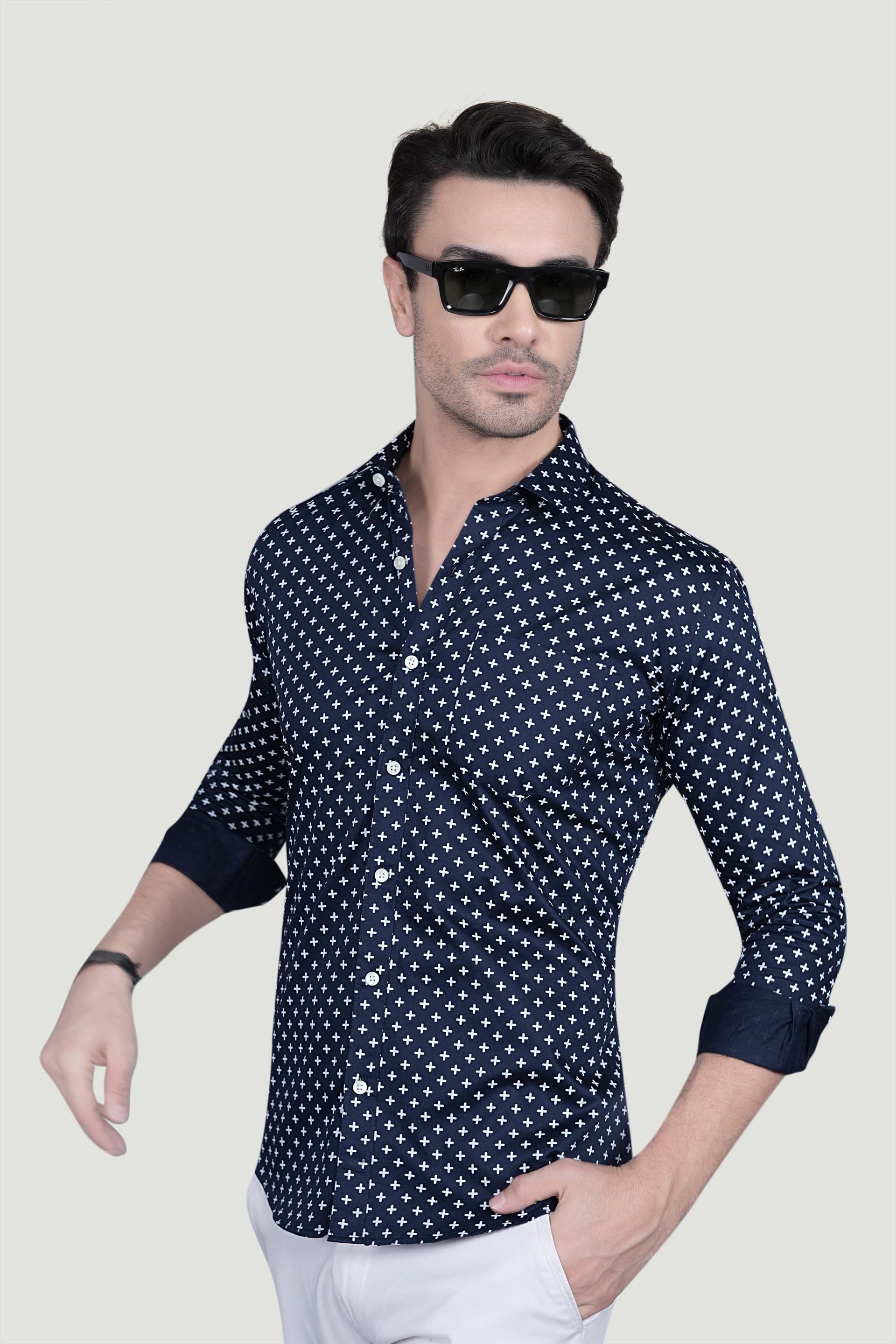Platon Navy Blue Cotton Printed Shirt
