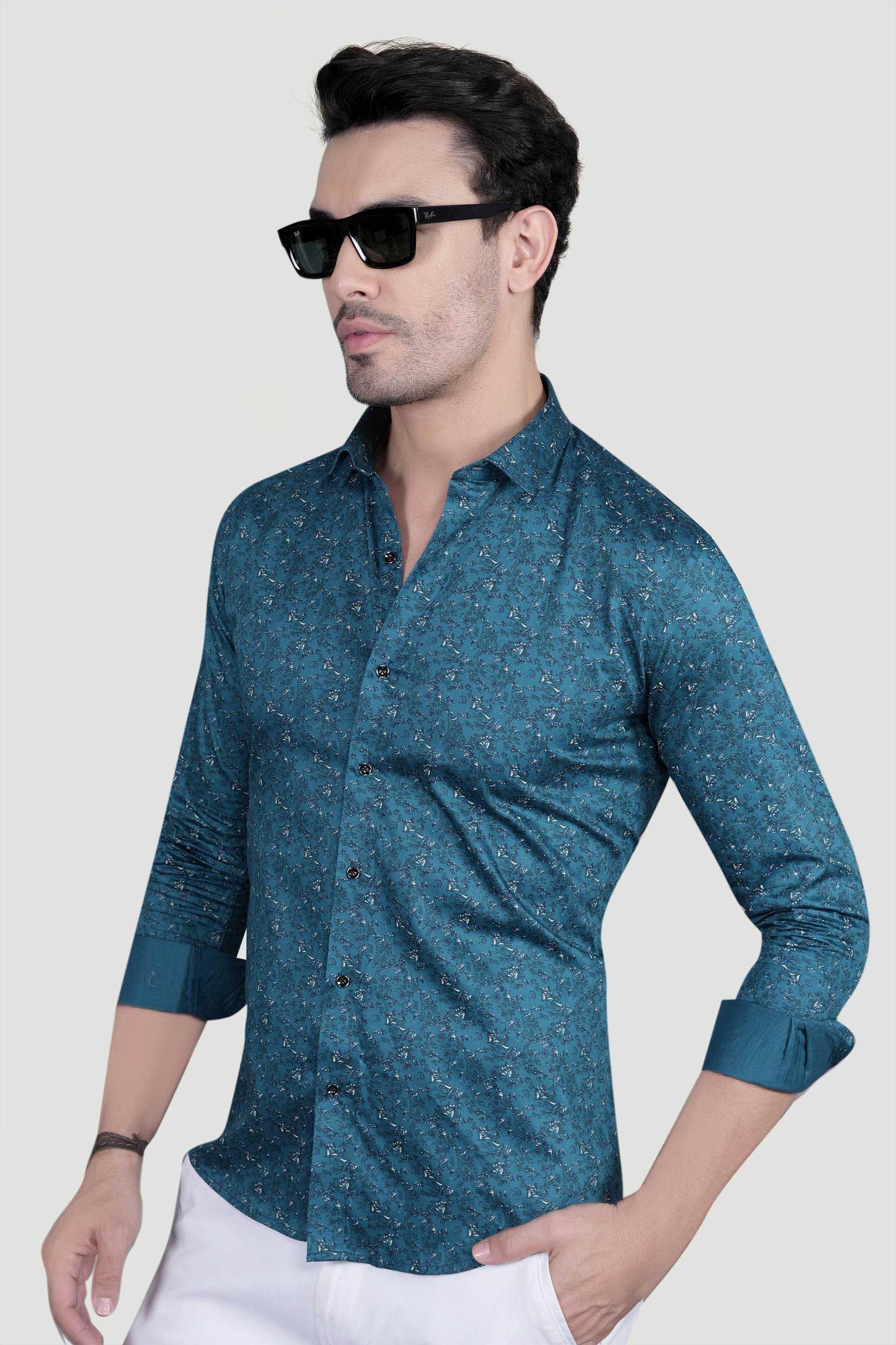 Ciaran Teal Blue Cotton Floral Printed Shirt