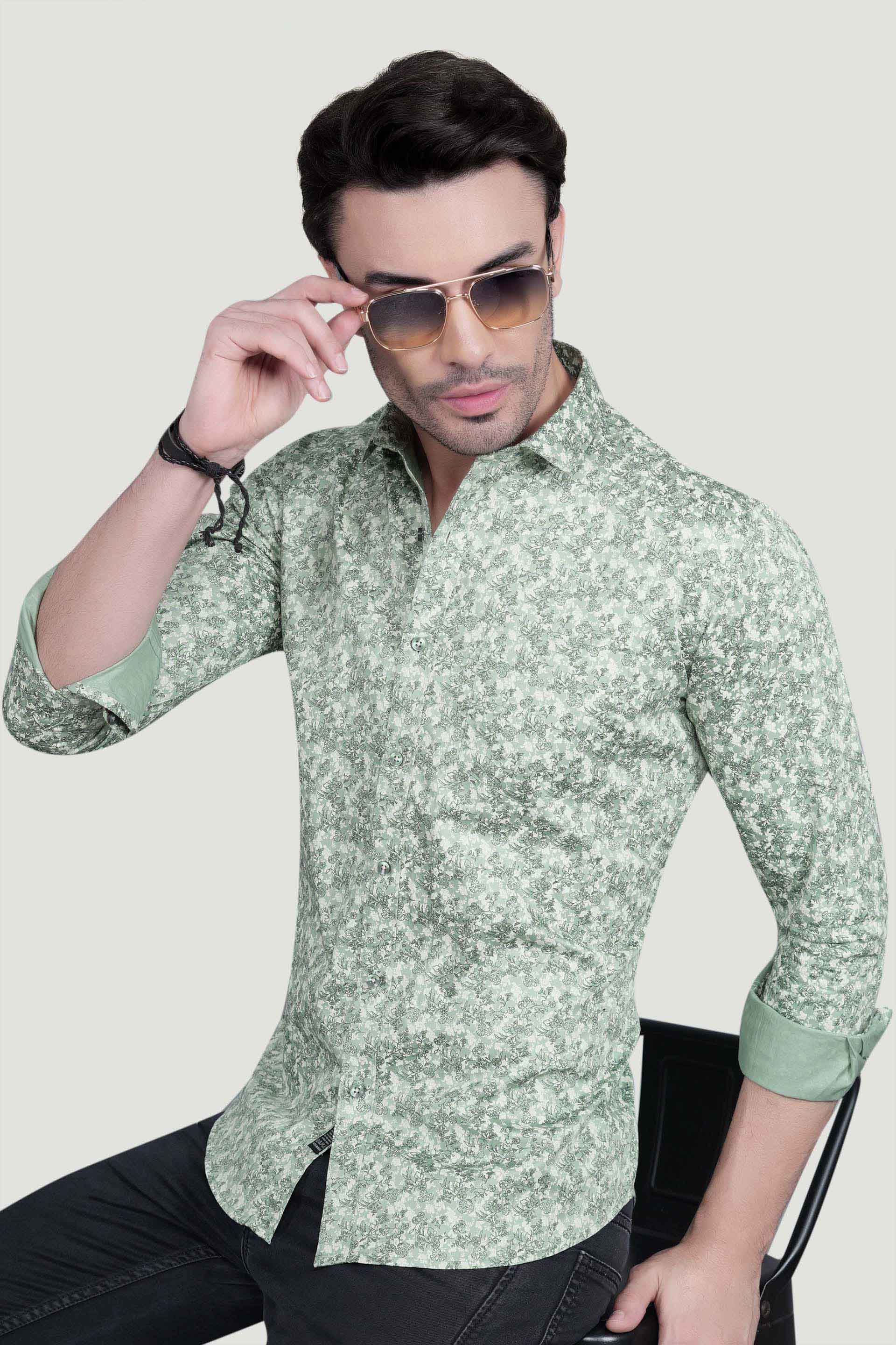 Nature Green Cotton Floral Printed Shirt