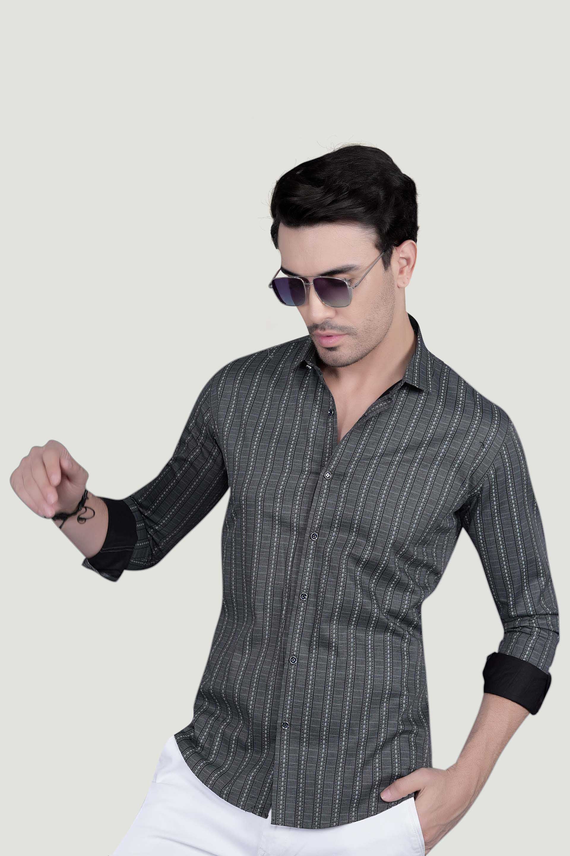 Marcello Grey Cotton Striped Shirt
