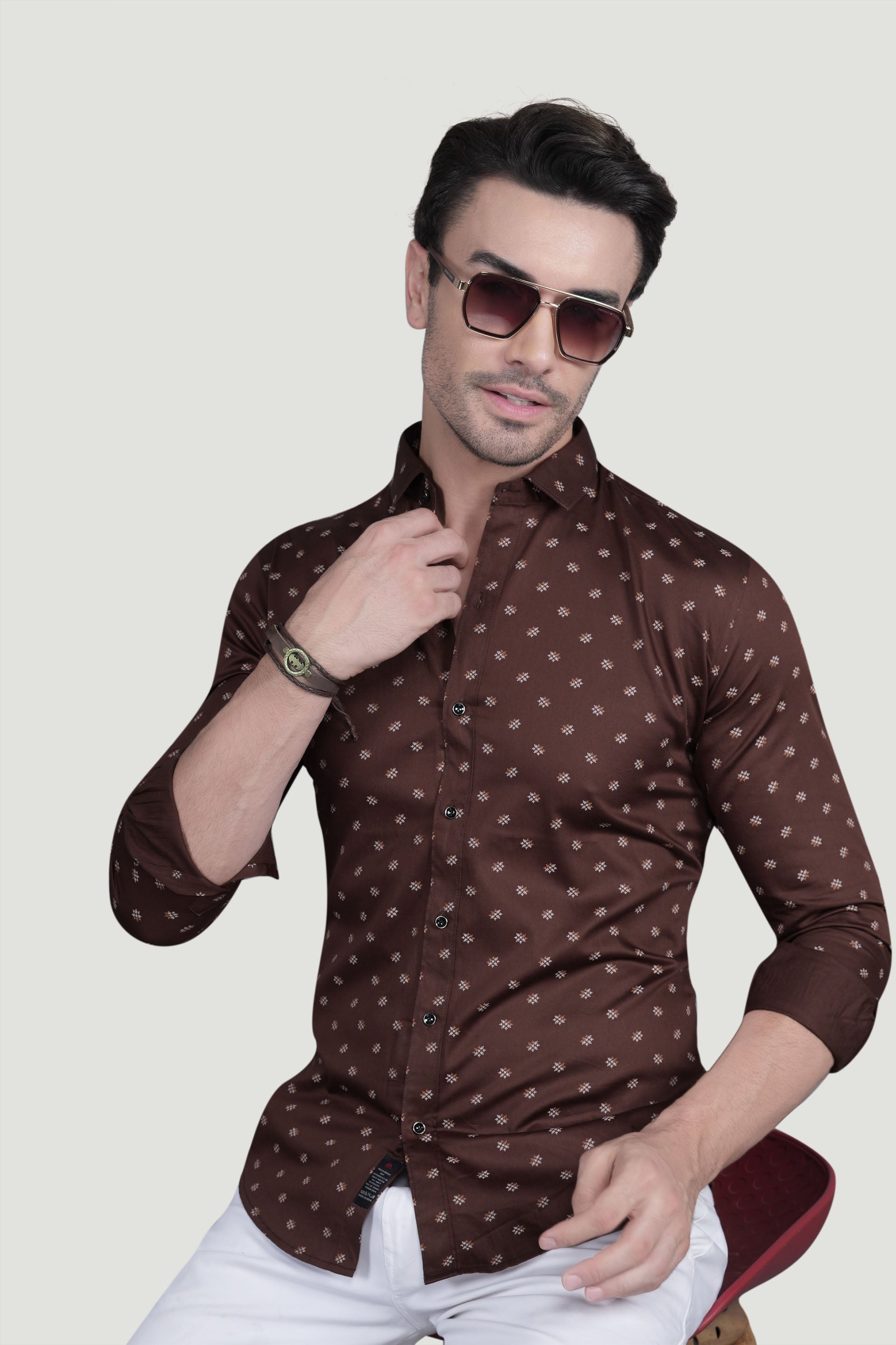 Stefan Brown Cotton Printed Shirt
