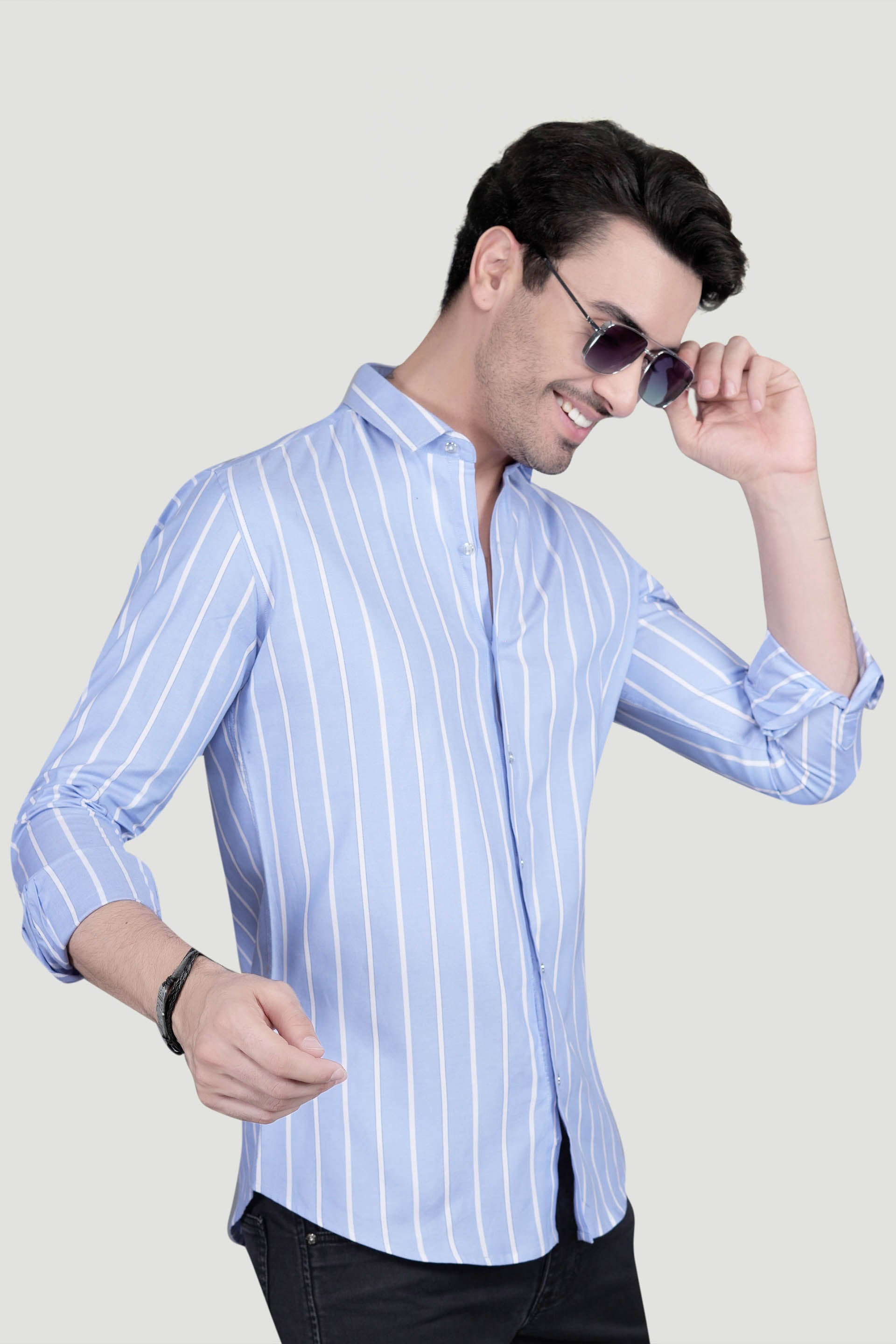 Aurel Light Blue Cotton Striped Shirt