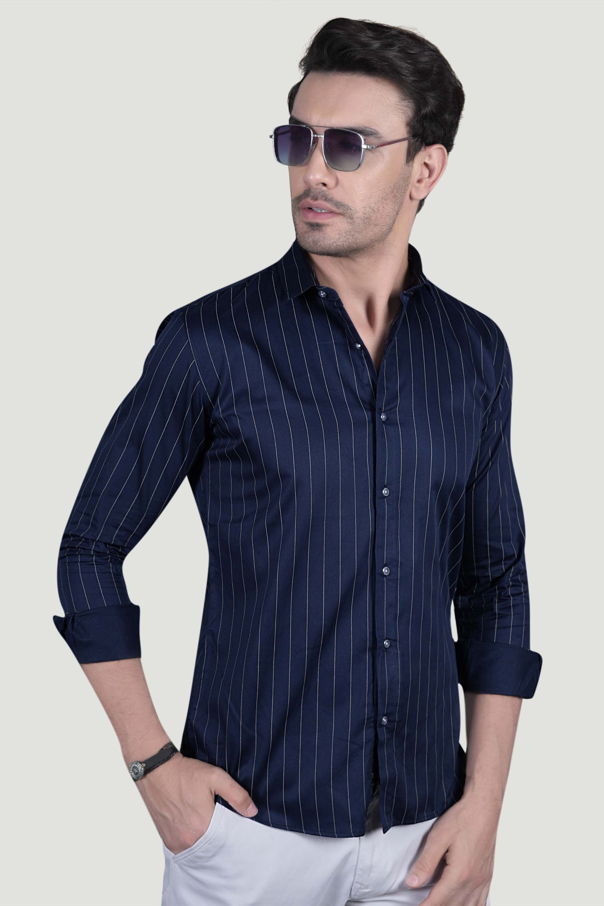 Alvar Navy Blue Cotton Striped Shirt