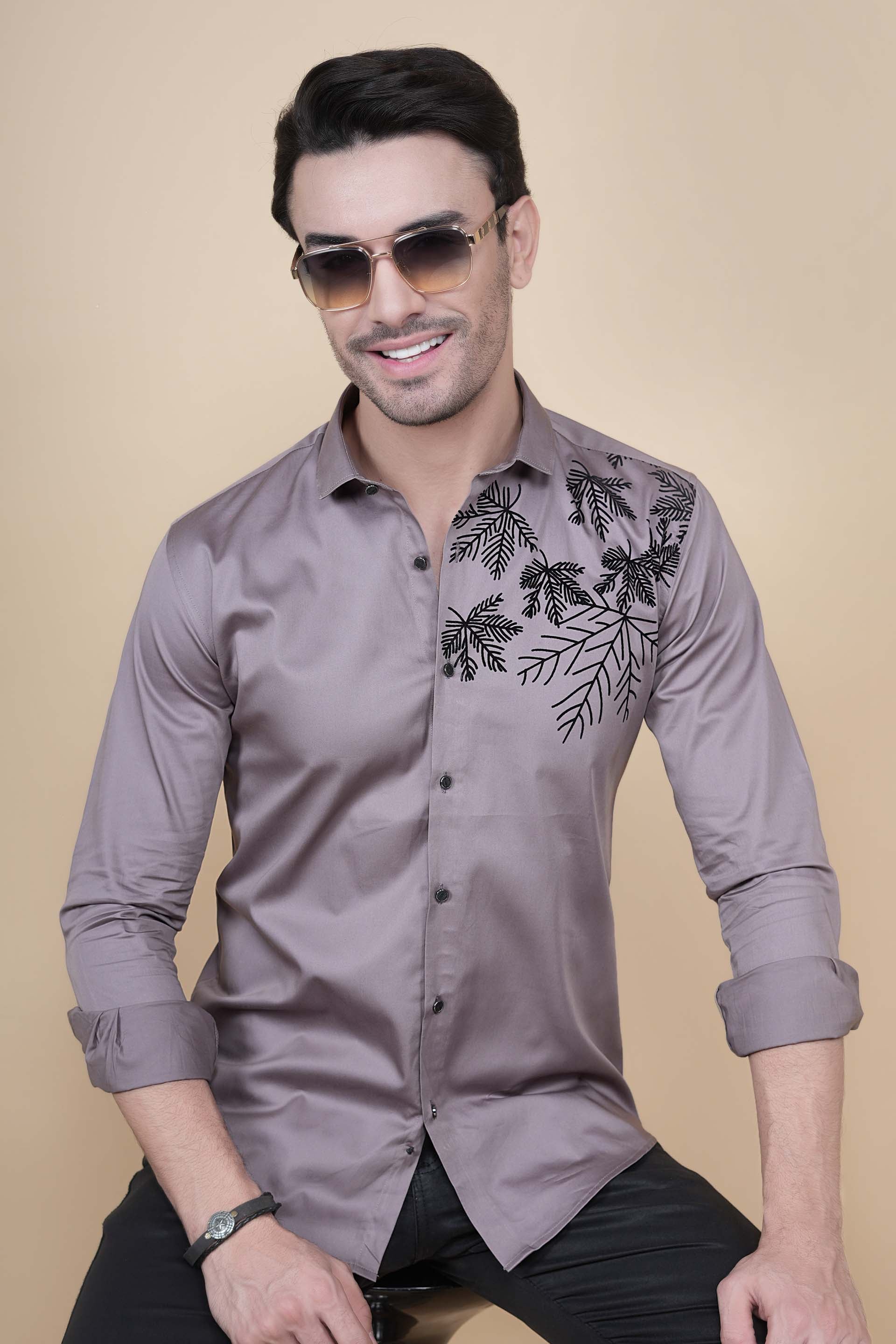 Dany Grey Cotton Solid Embroidery Shirt