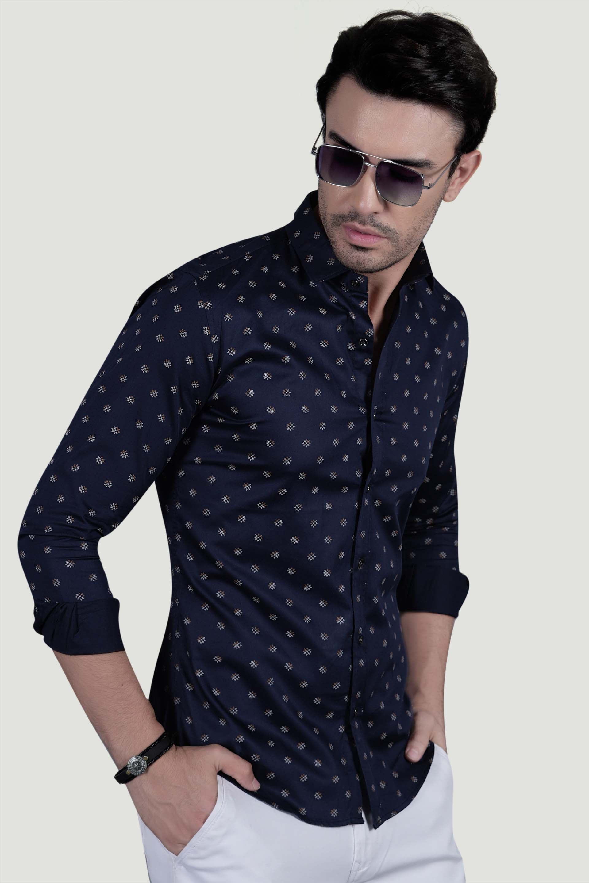 Fabio Navy Blue Cotton Printed Shirt