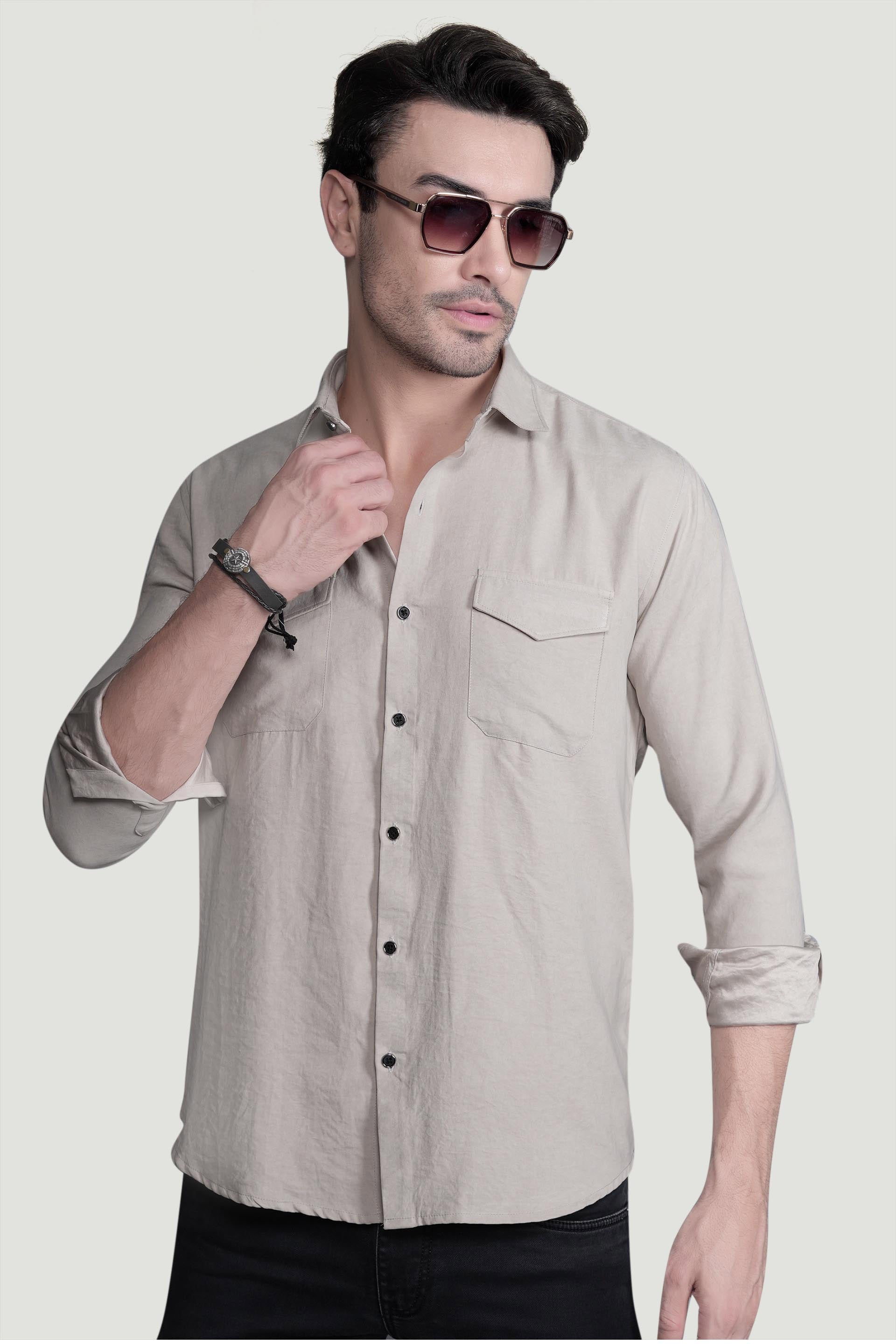 Abel Cream Suede Double Pocket Solid Shirt
