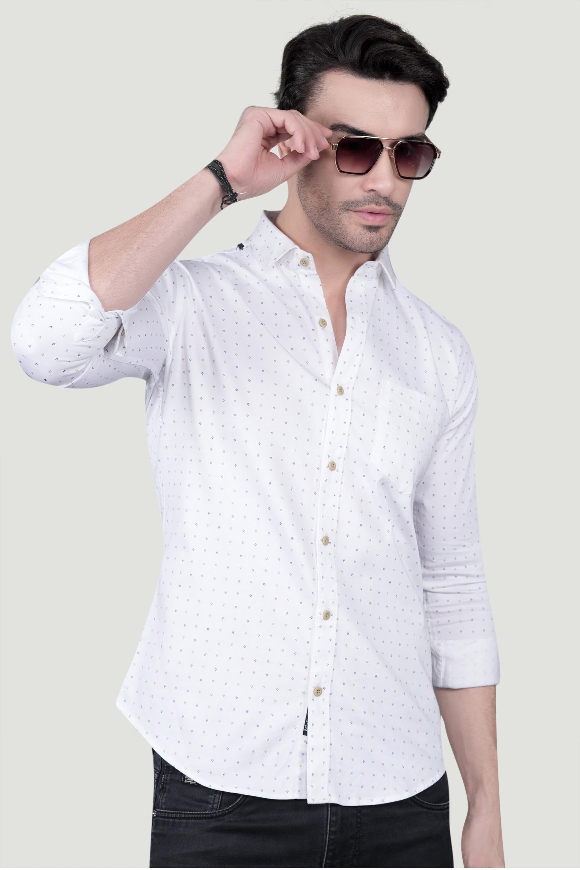 Wilhelm White Cotton Printed Shirt