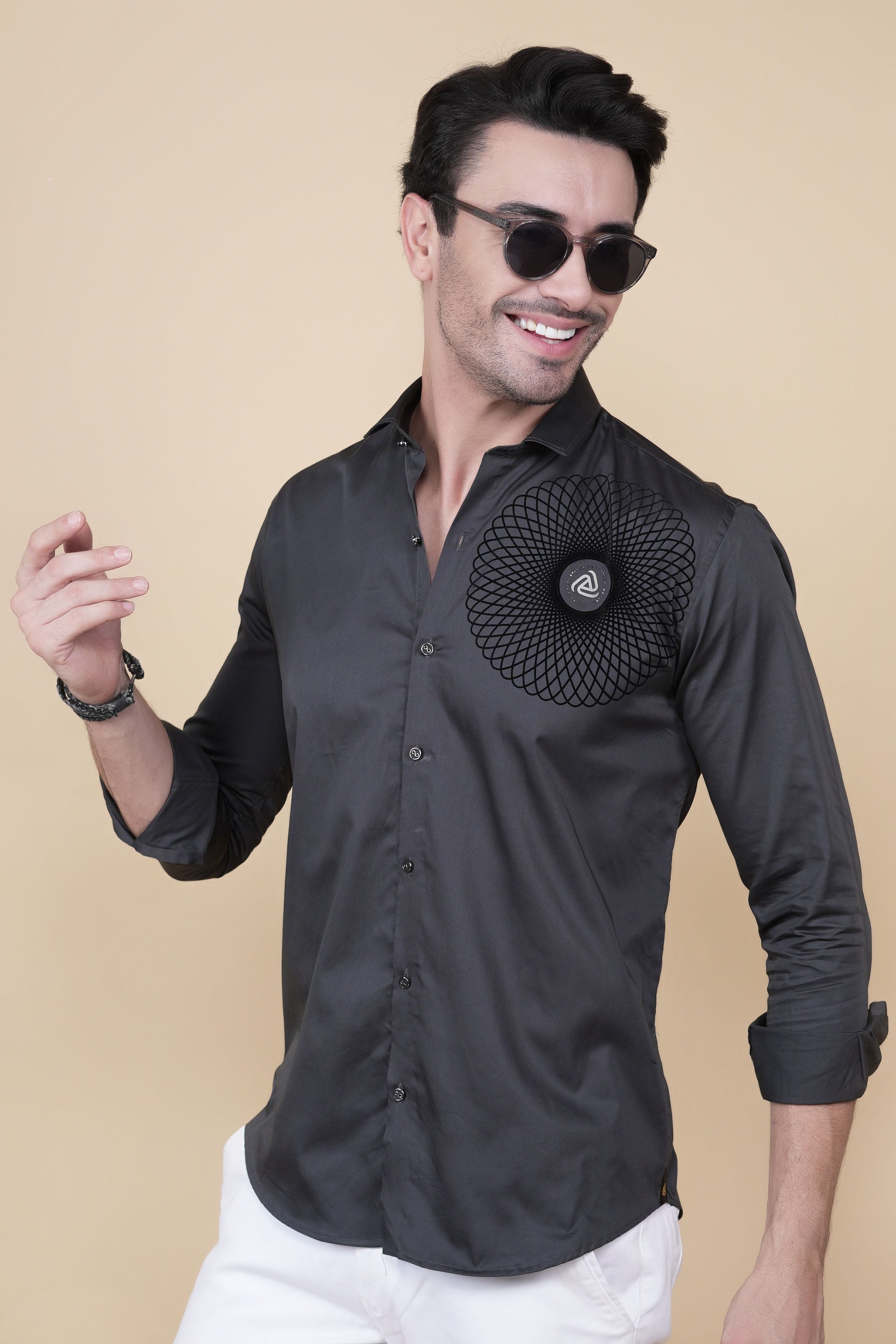 Marcello Grey Cotton Solid Embroidery Shirt