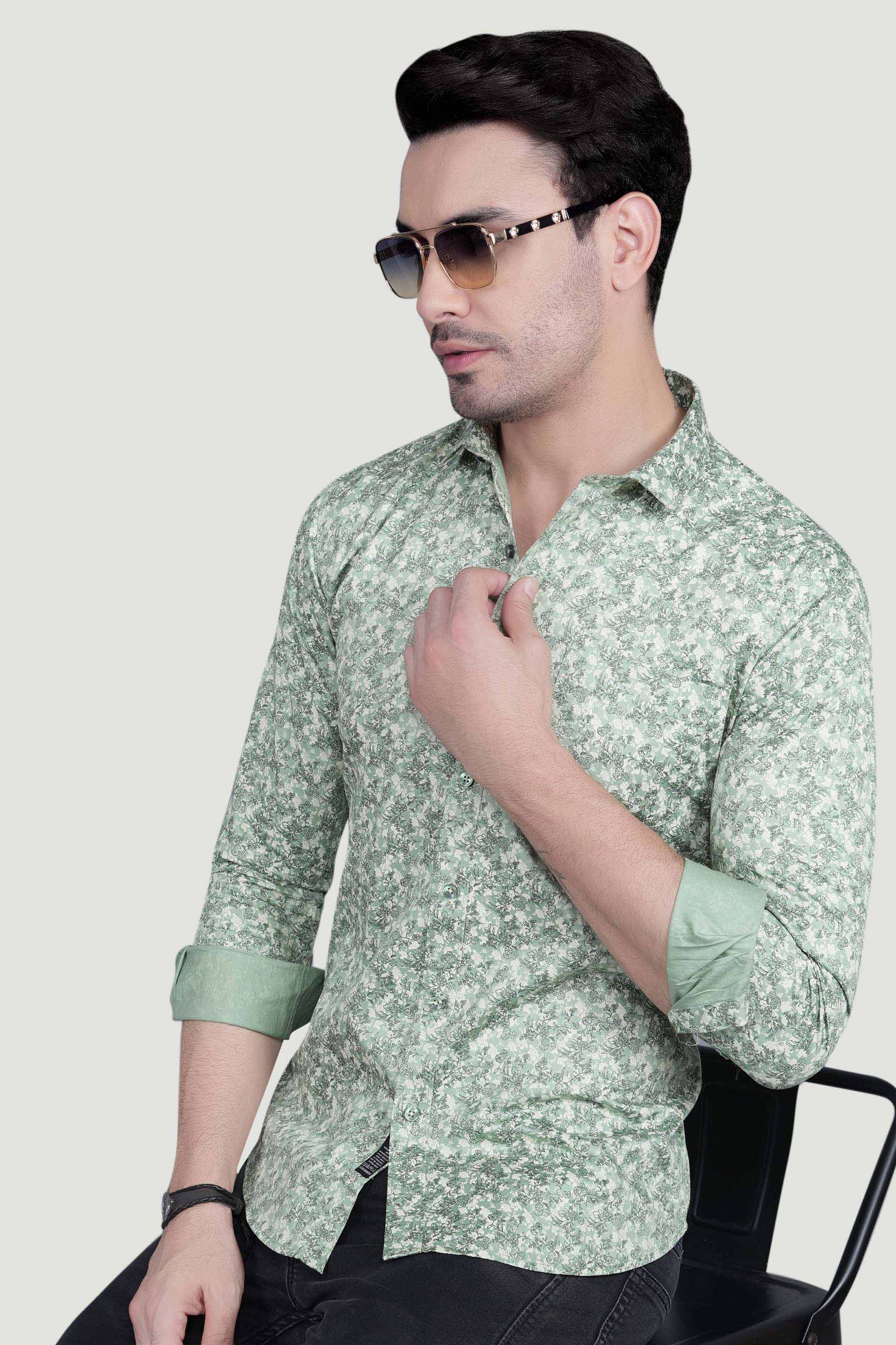 Nature Green Cotton Floral Printed Shirt