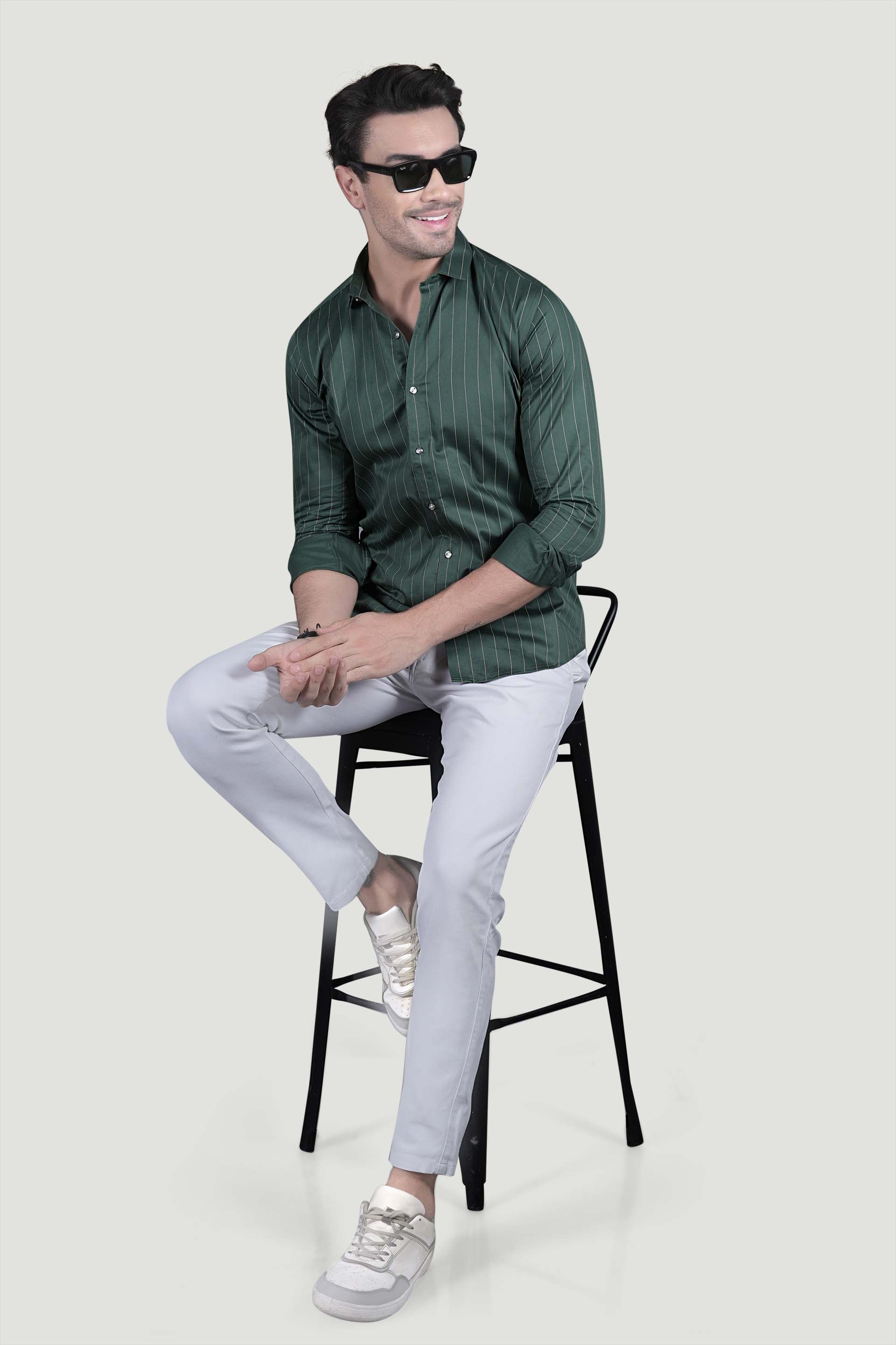 Henrik Green Cotton Striped Shirt