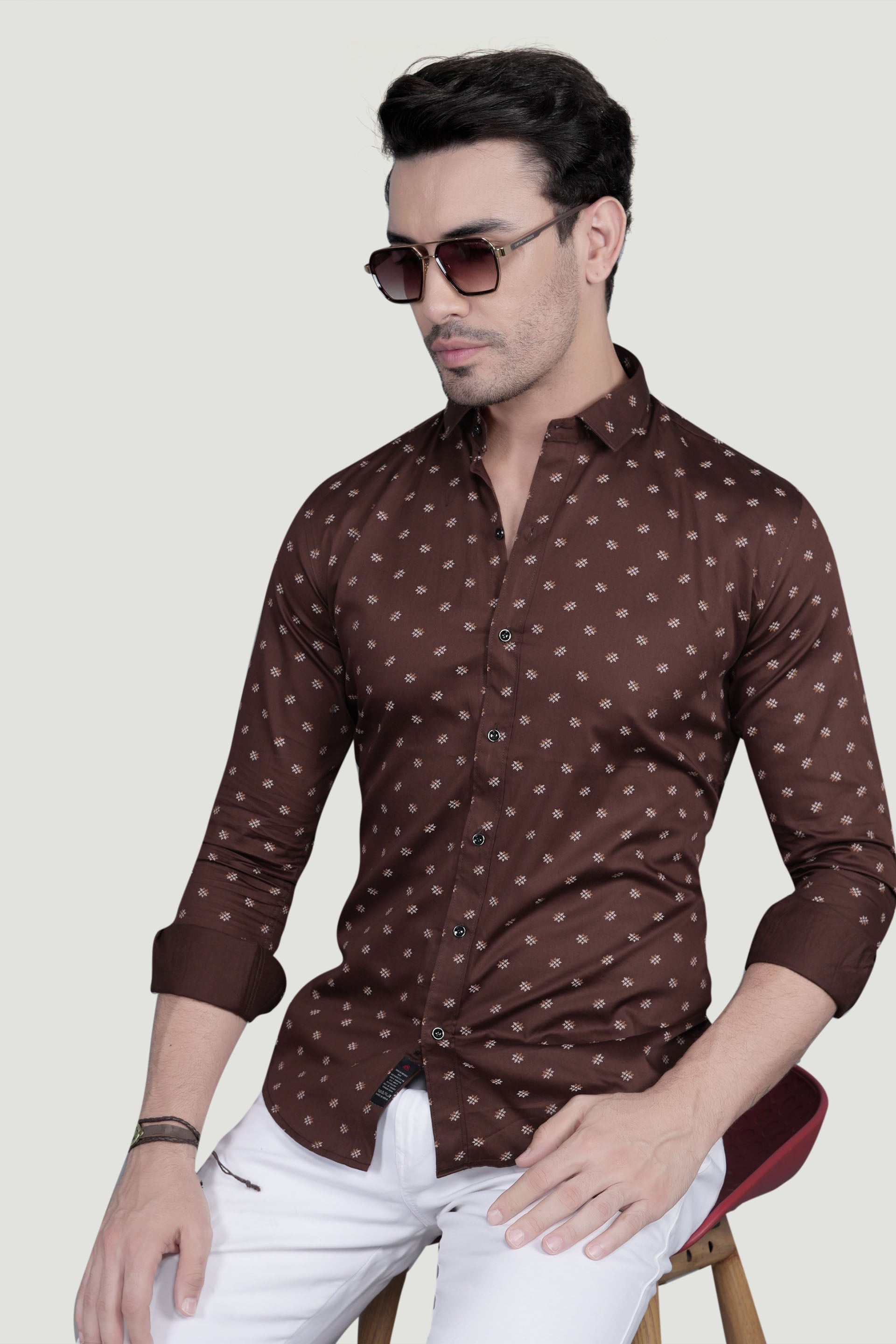 Stefan Brown Cotton Printed Shirt
