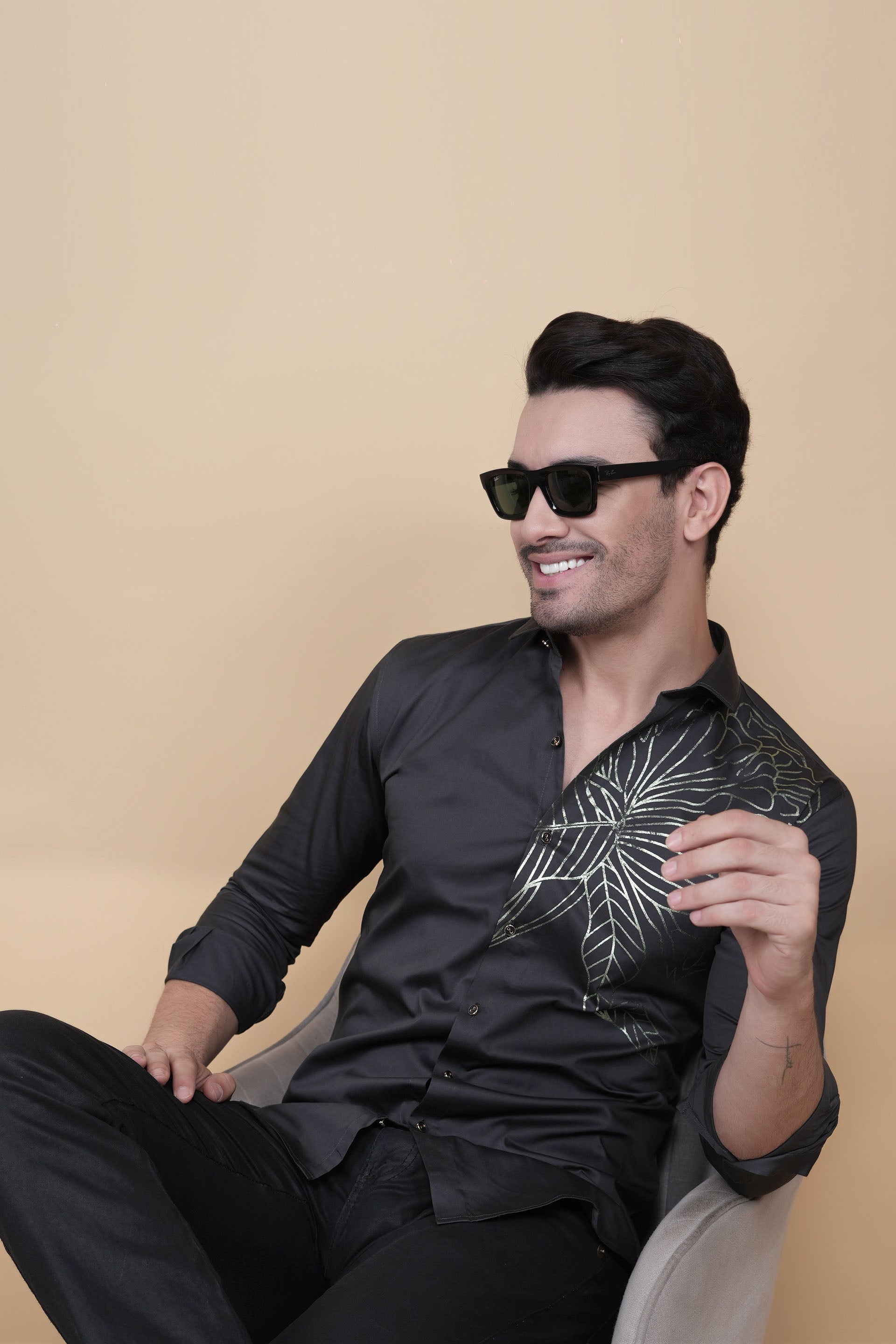 Carlos Black Cotton Flower Petals Solid Shirt