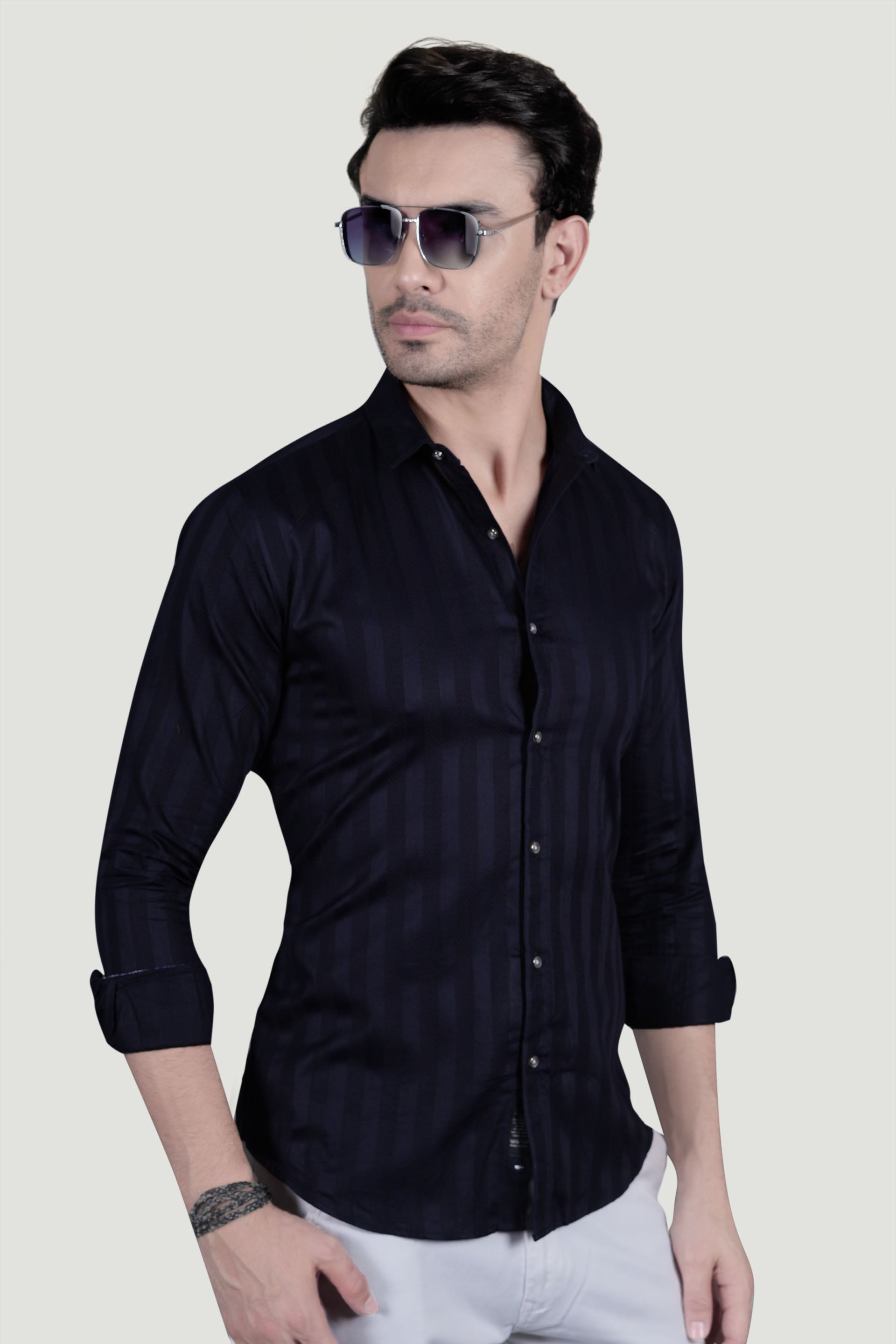 Bruno Navy Blue Cotton Striped Shirt