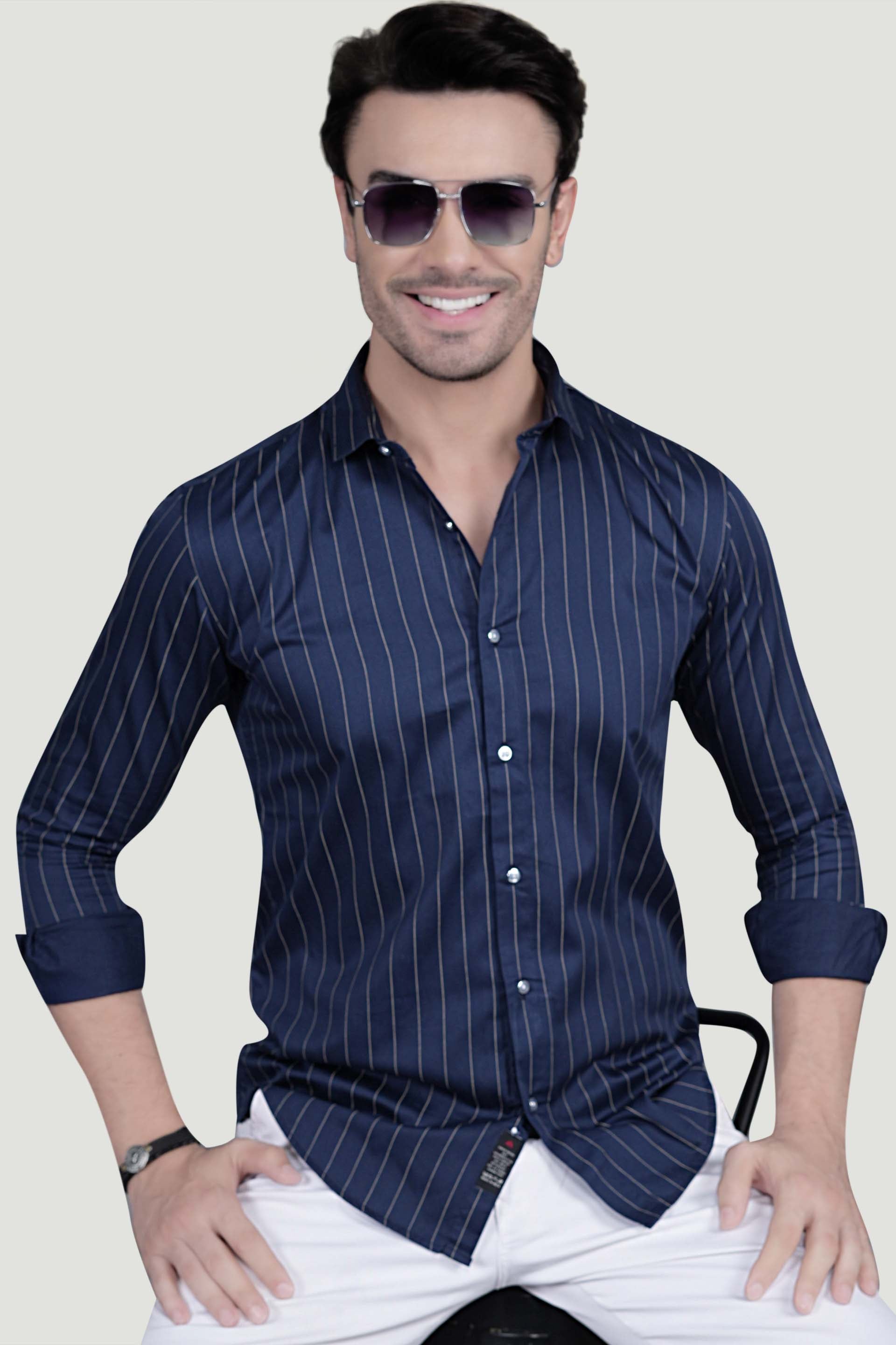 Alvar Navy Blue Cotton Striped Shirt