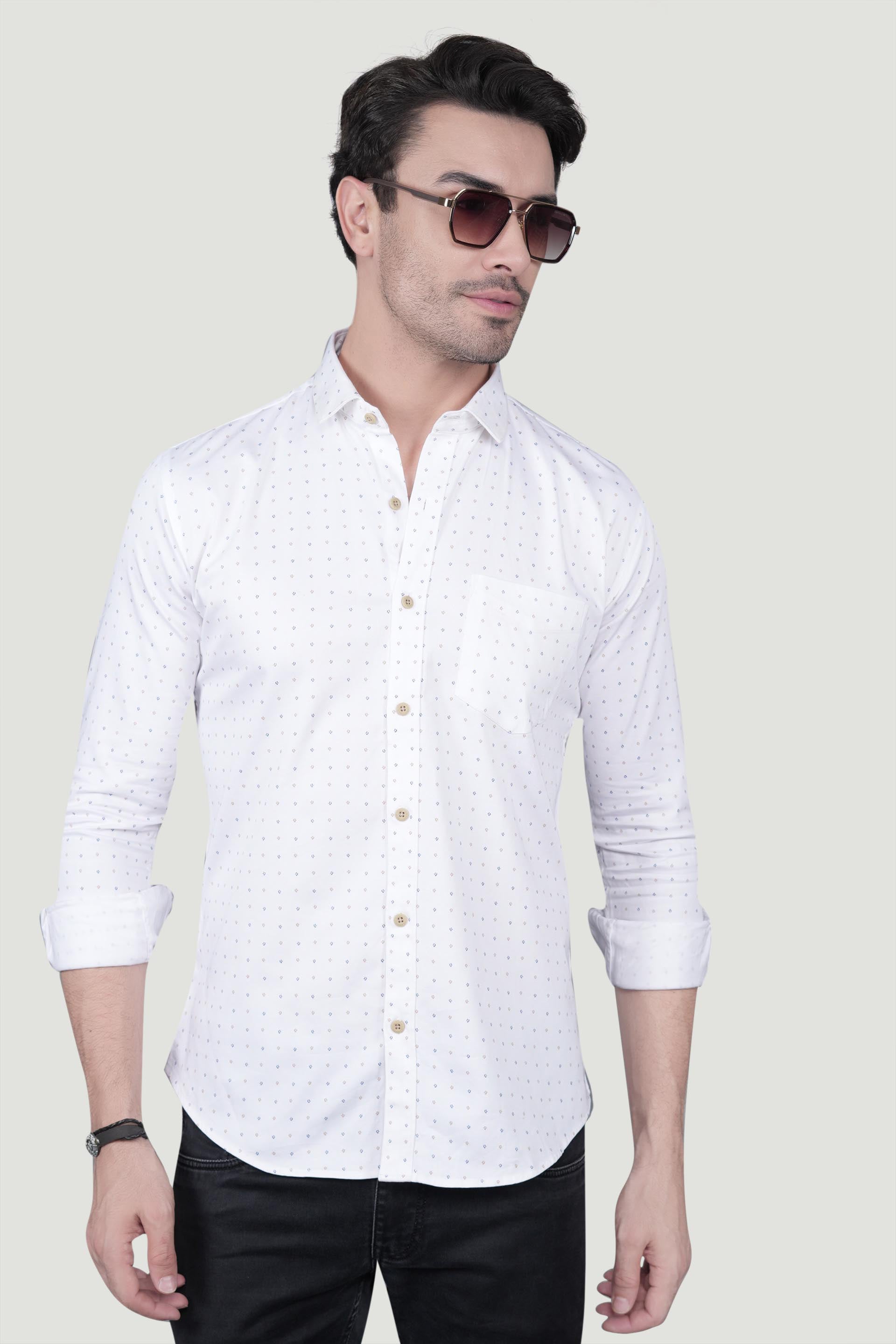 Wilhelm White Cotton Printed Shirt