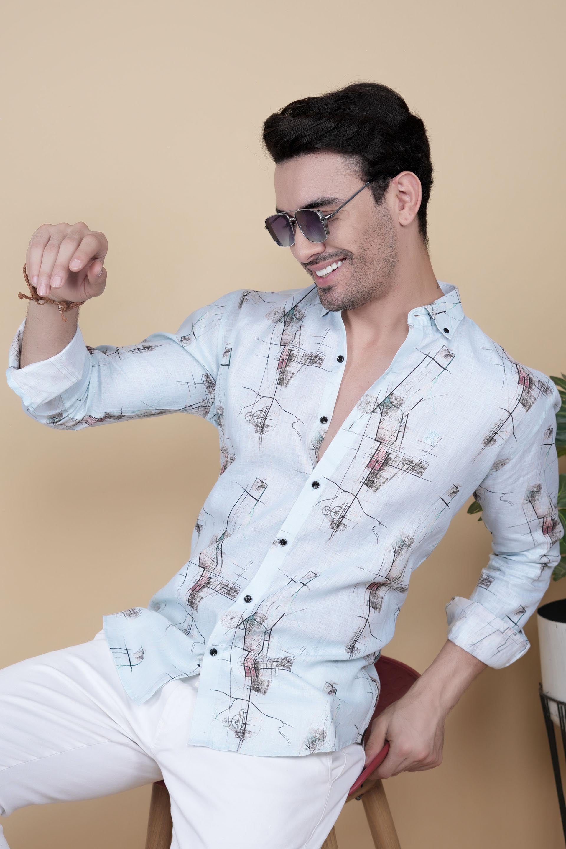 David Light Blue Linen Printed Shirt