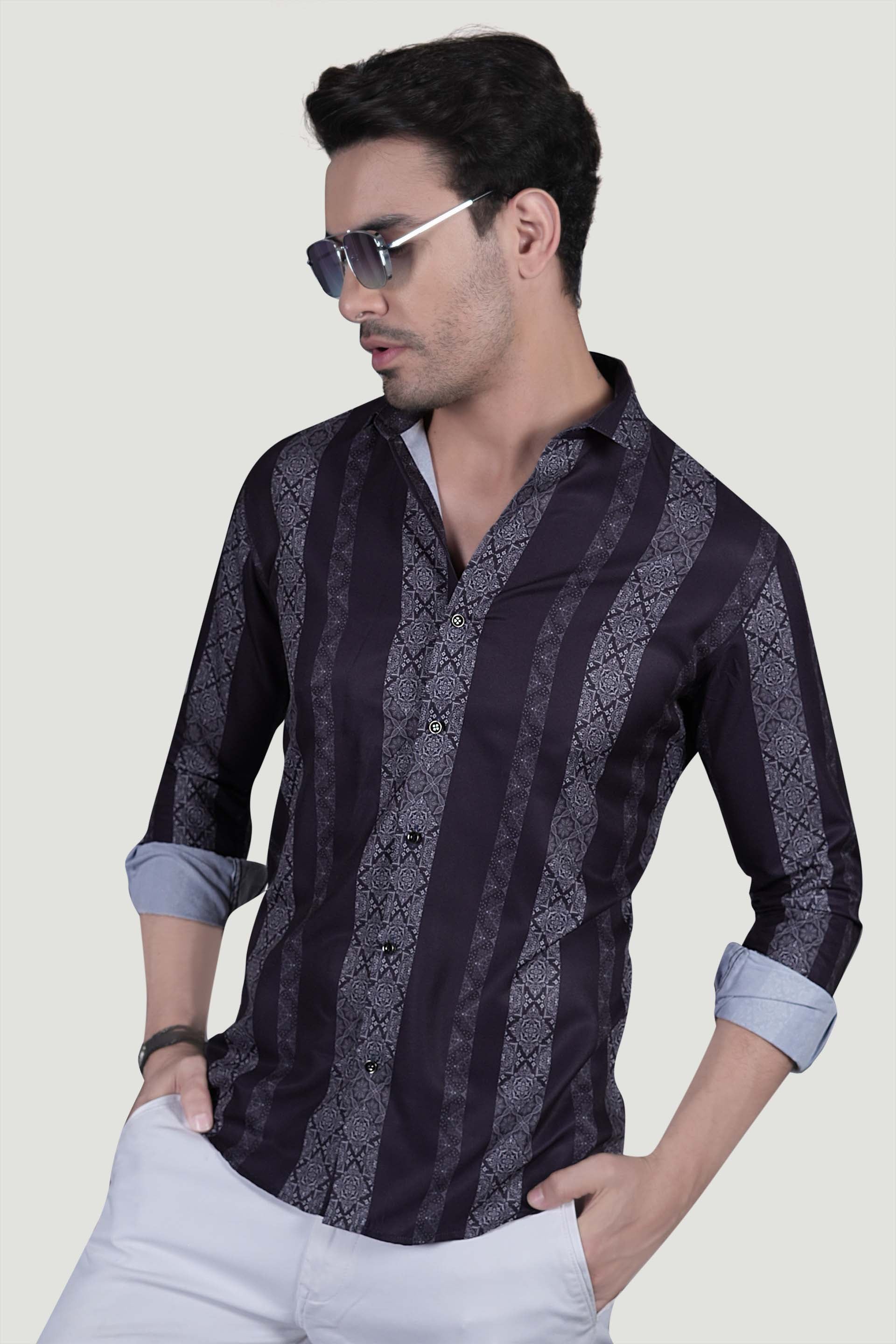 Roman Navy Blue Striped Printed Shirt