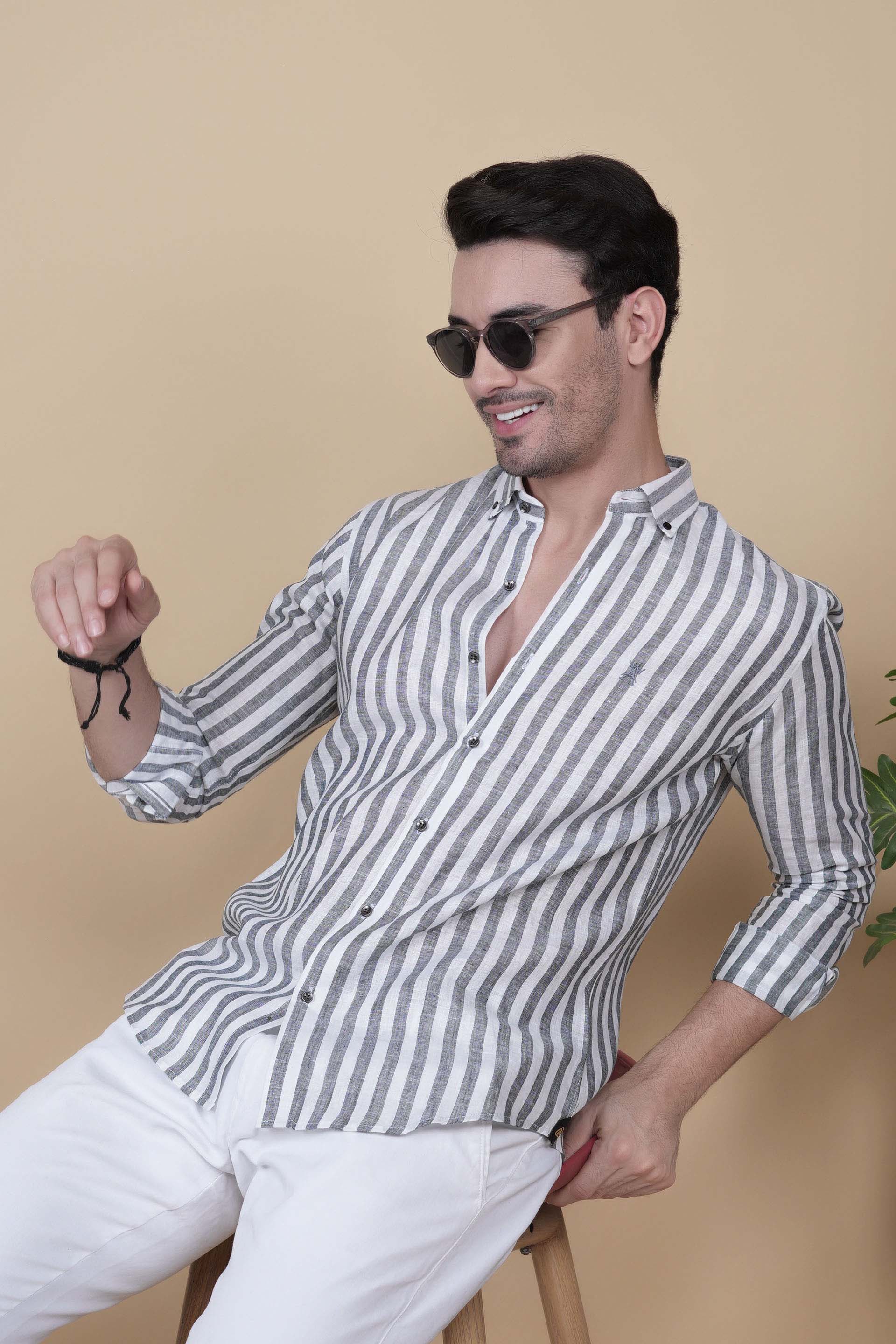 Danylo Grey Linen Striped Shirt