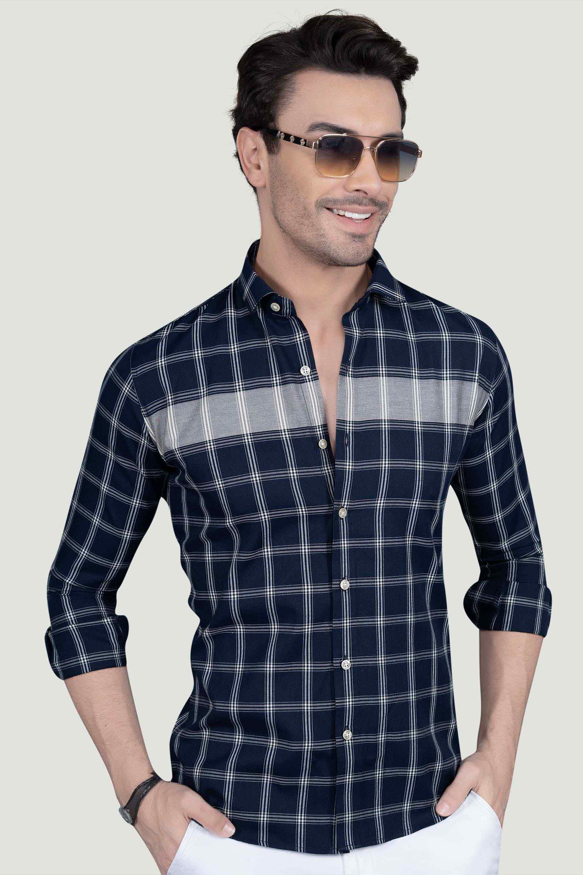 Nelson Navy Blue Cotton Checked Shirt
