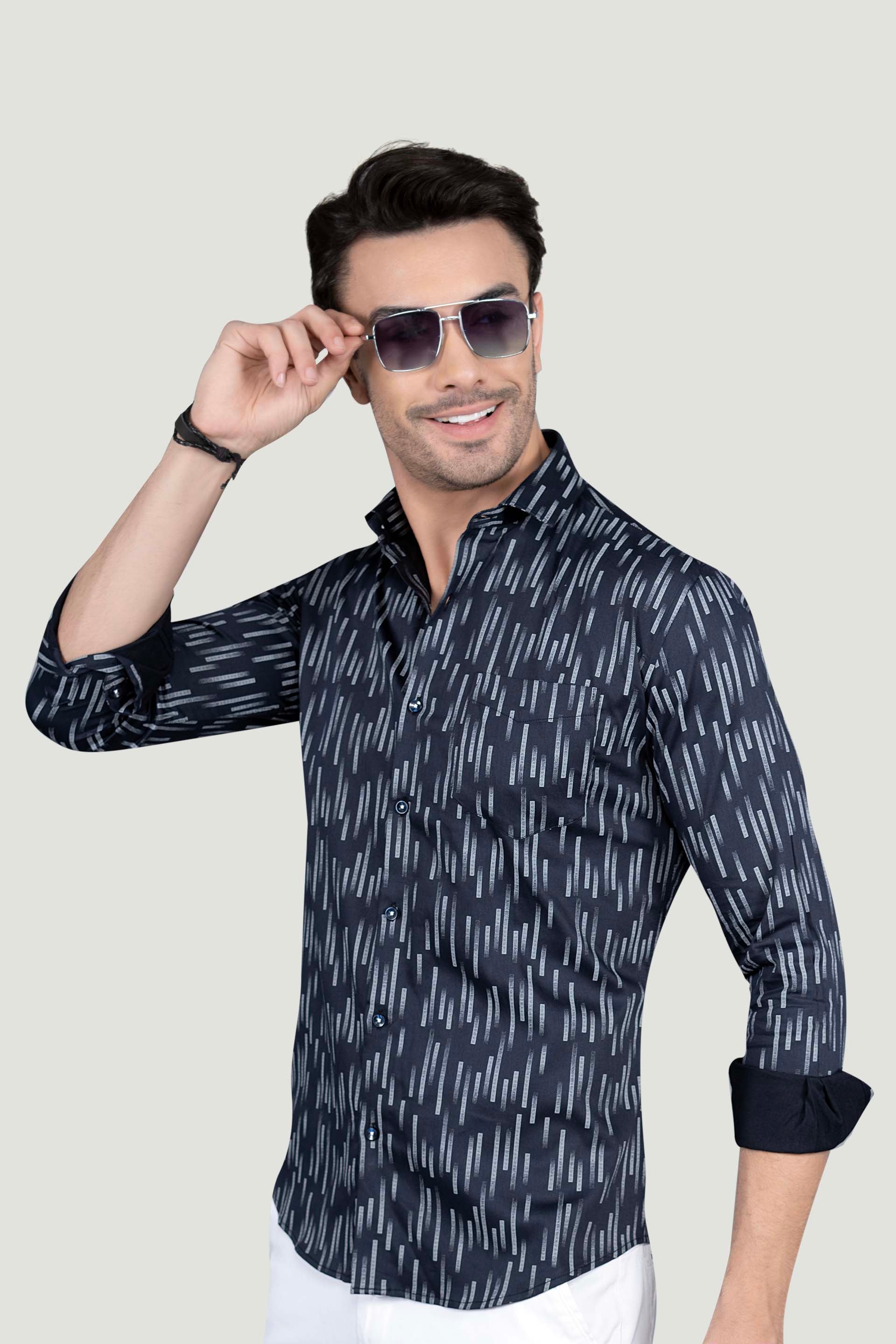 Gibson Navy Blue Cotton Printed Shirt