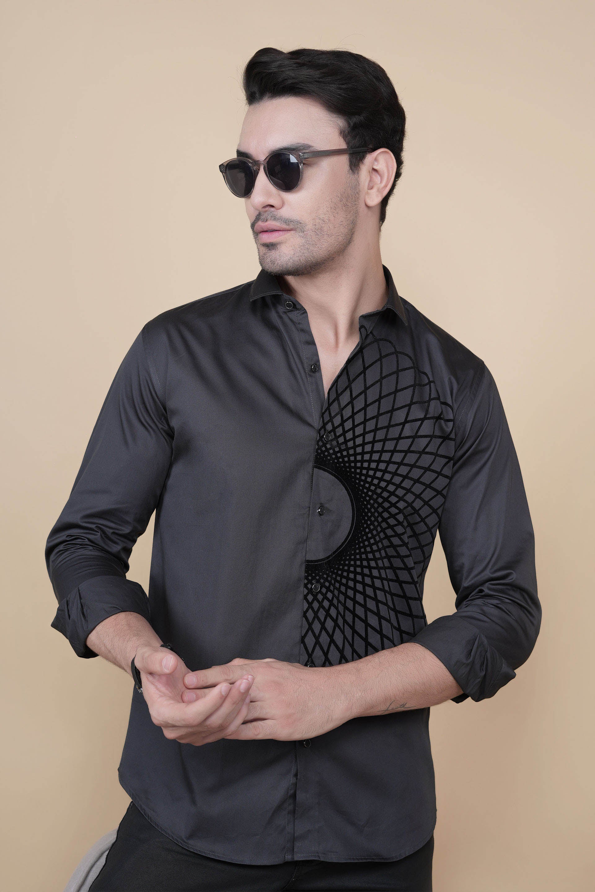 Matej Grey Cotton Solid Embroidery Shirt