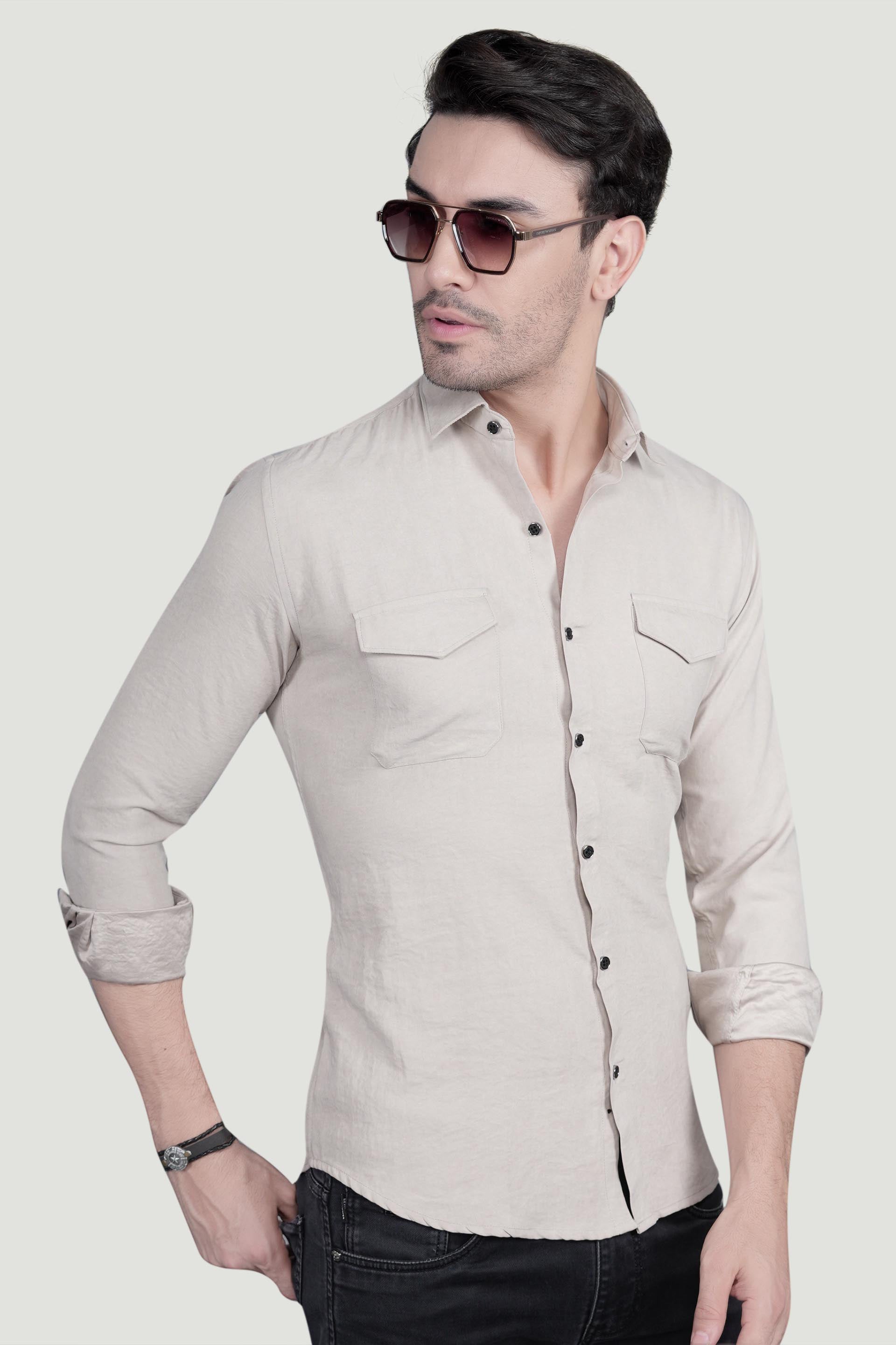 Abel Cream Suede Double Pocket Solid Shirt