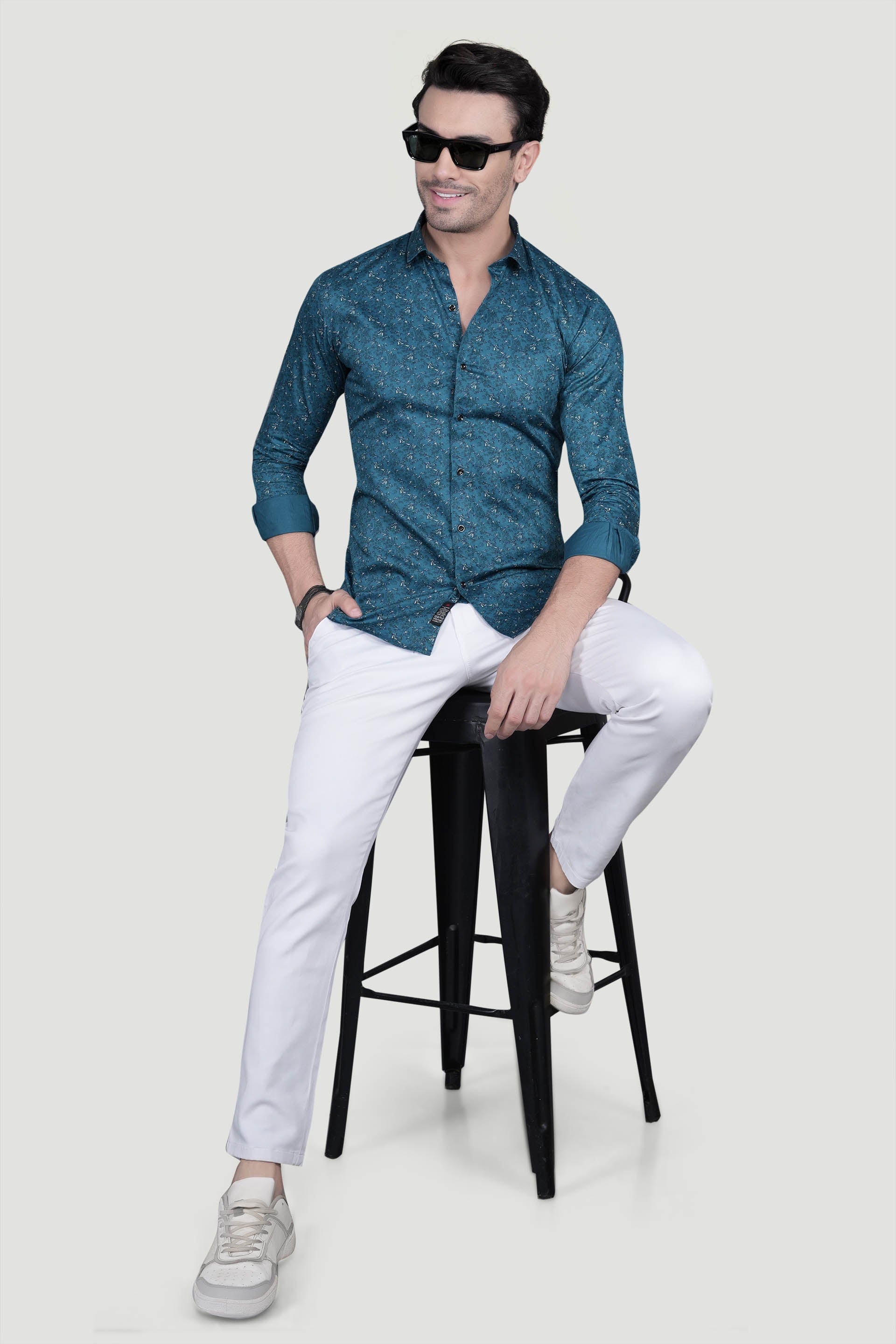 Ciaran Teal Blue Cotton Floral Printed Shirt