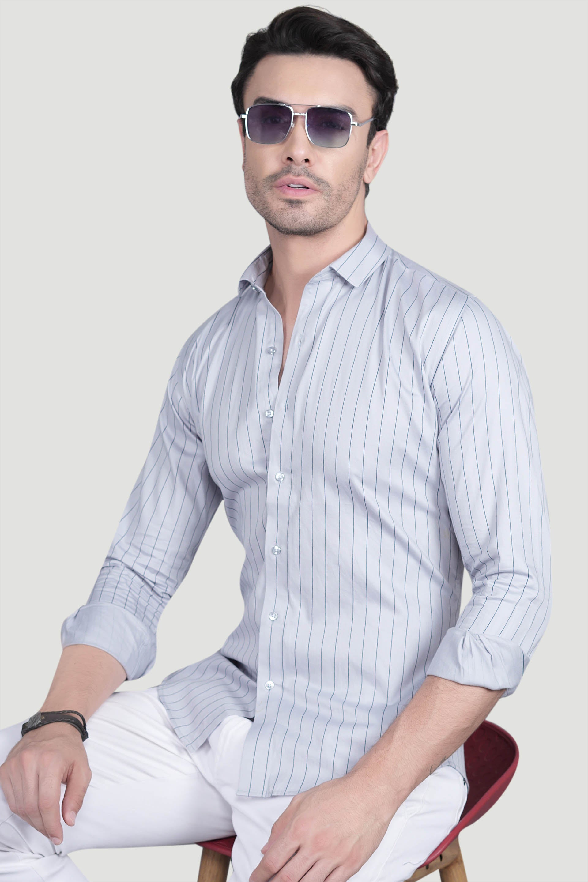 Noel Grey Cotton Striped Shirt