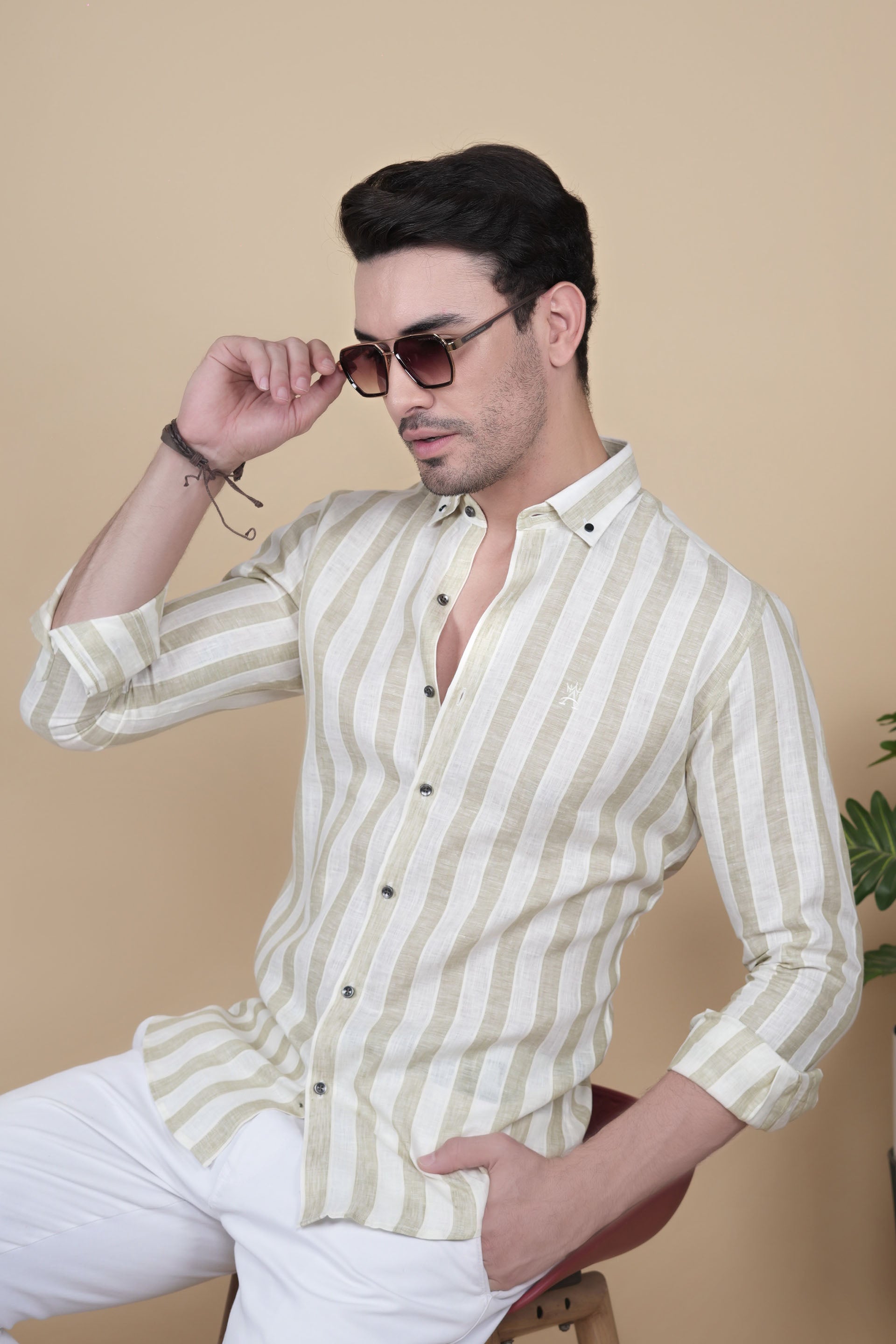 Aksel Cream Linen Striped Shirt