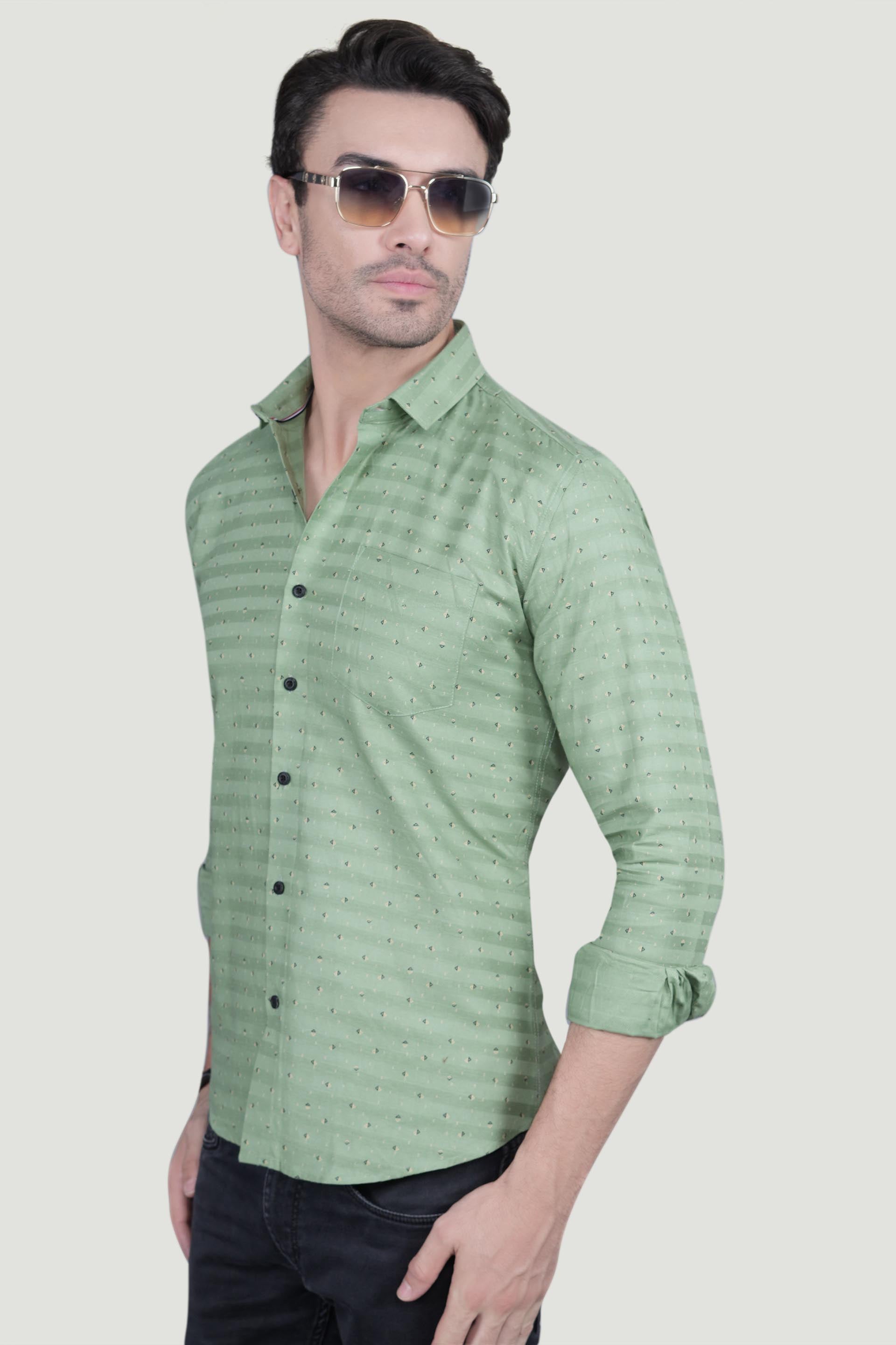 Xavier Green Cotton Striped Shirt