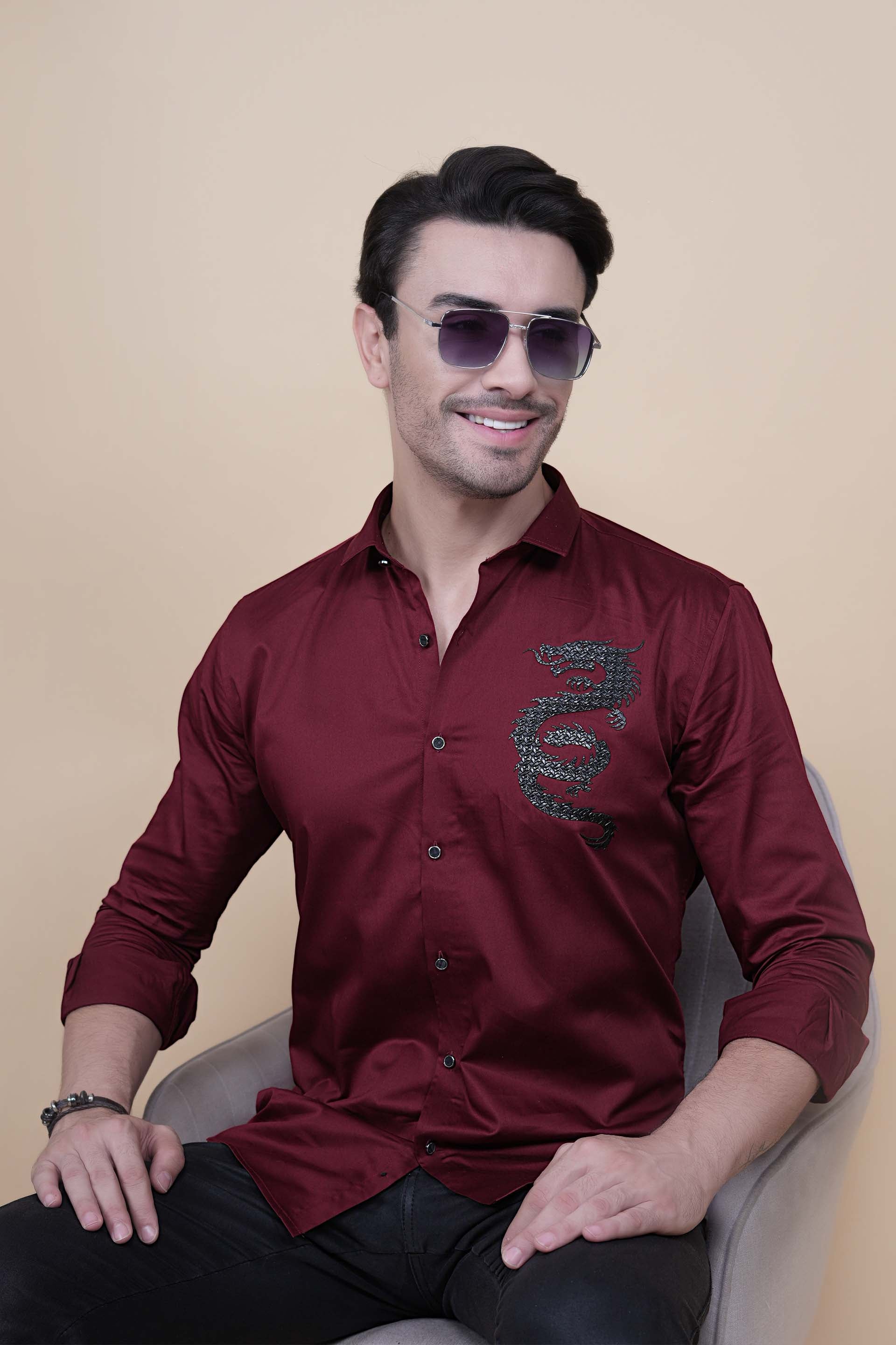 Dragon Maroon Cotton Solid Shirt