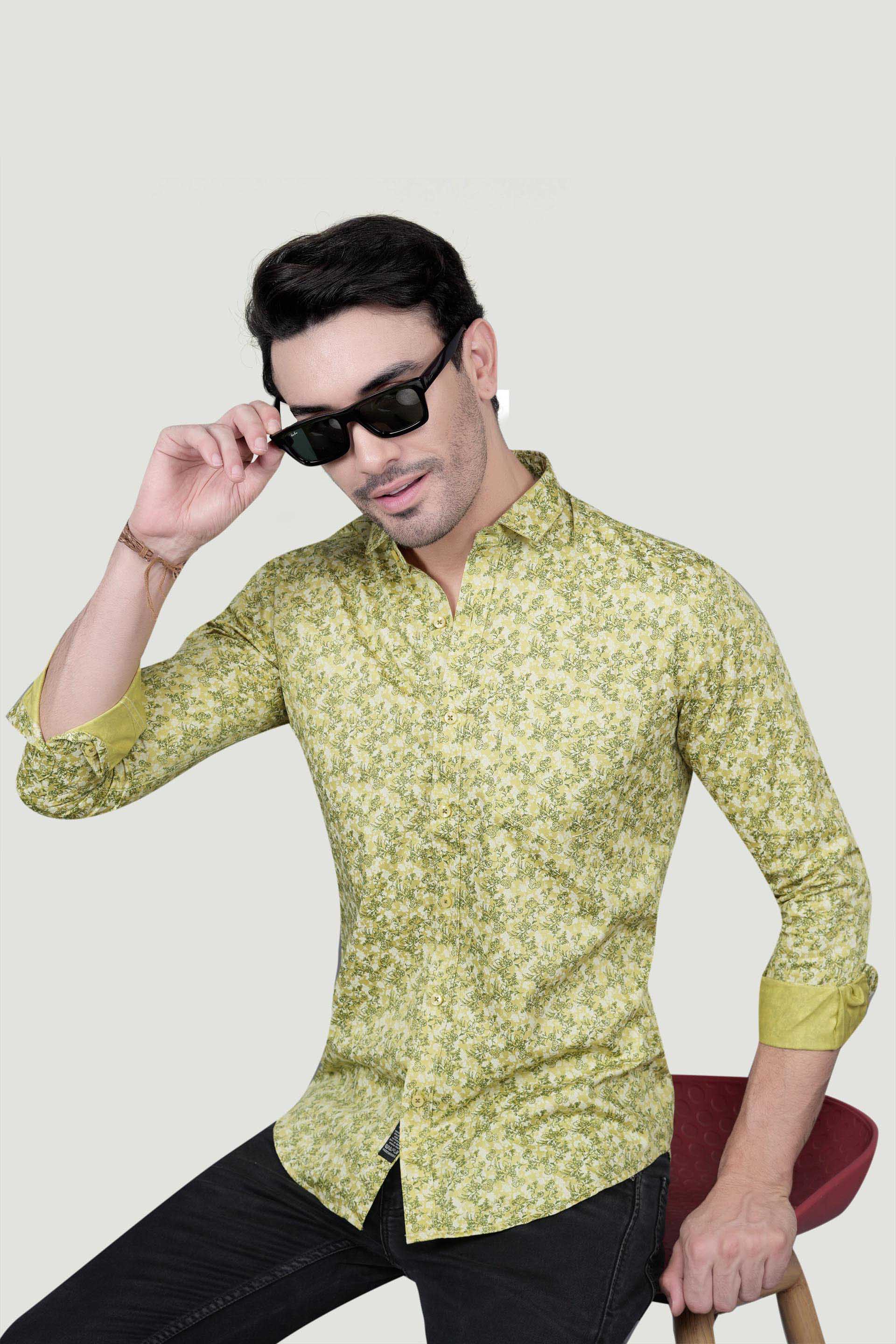 Oskar Yellow Cotton Floral Printed Shirt