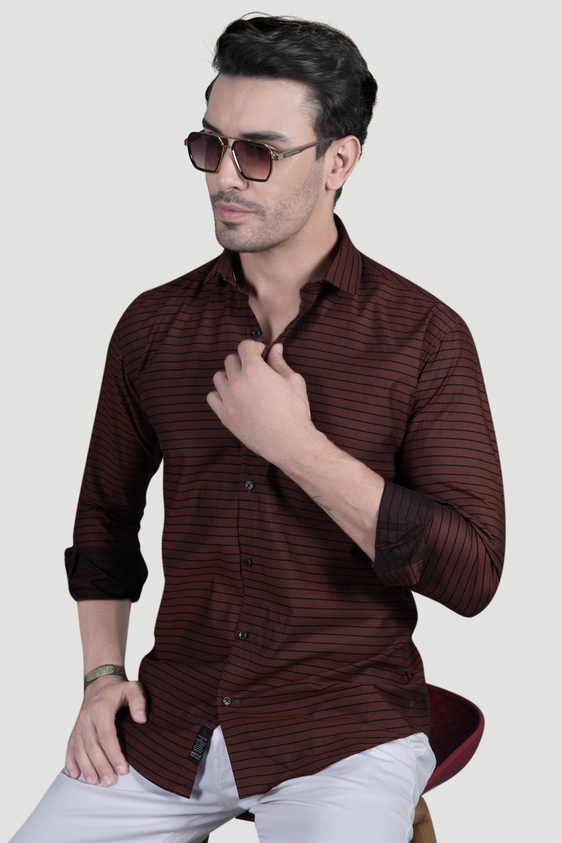 Kian Brown Cotton Striped Shirt
