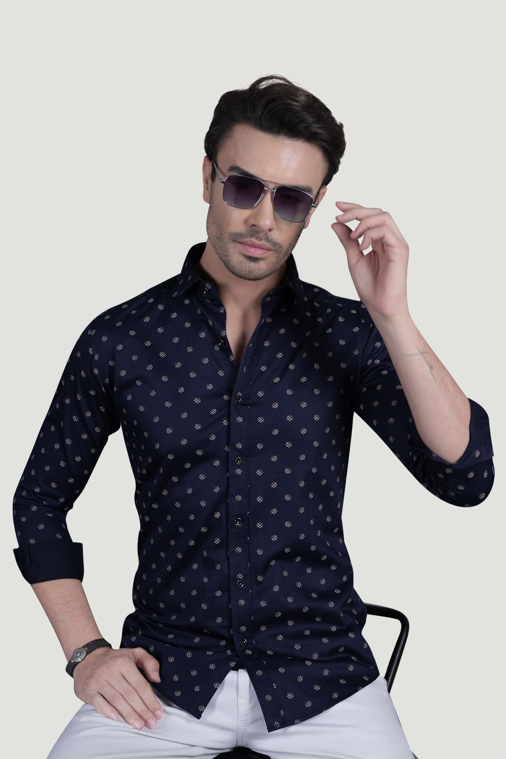 Fabio Navy Blue Cotton Printed Shirt