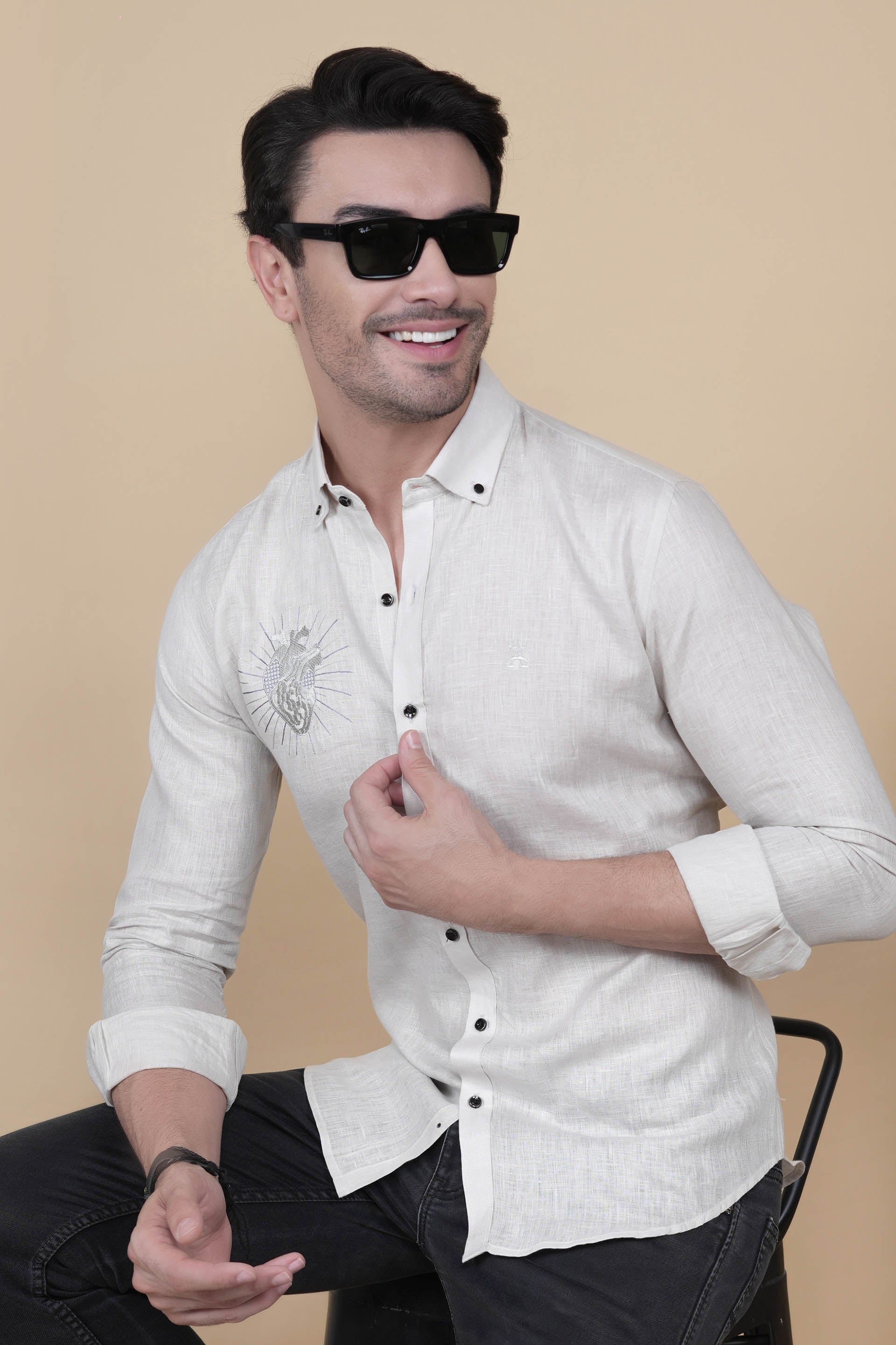 Glossy Off White Linen Solid Shirt