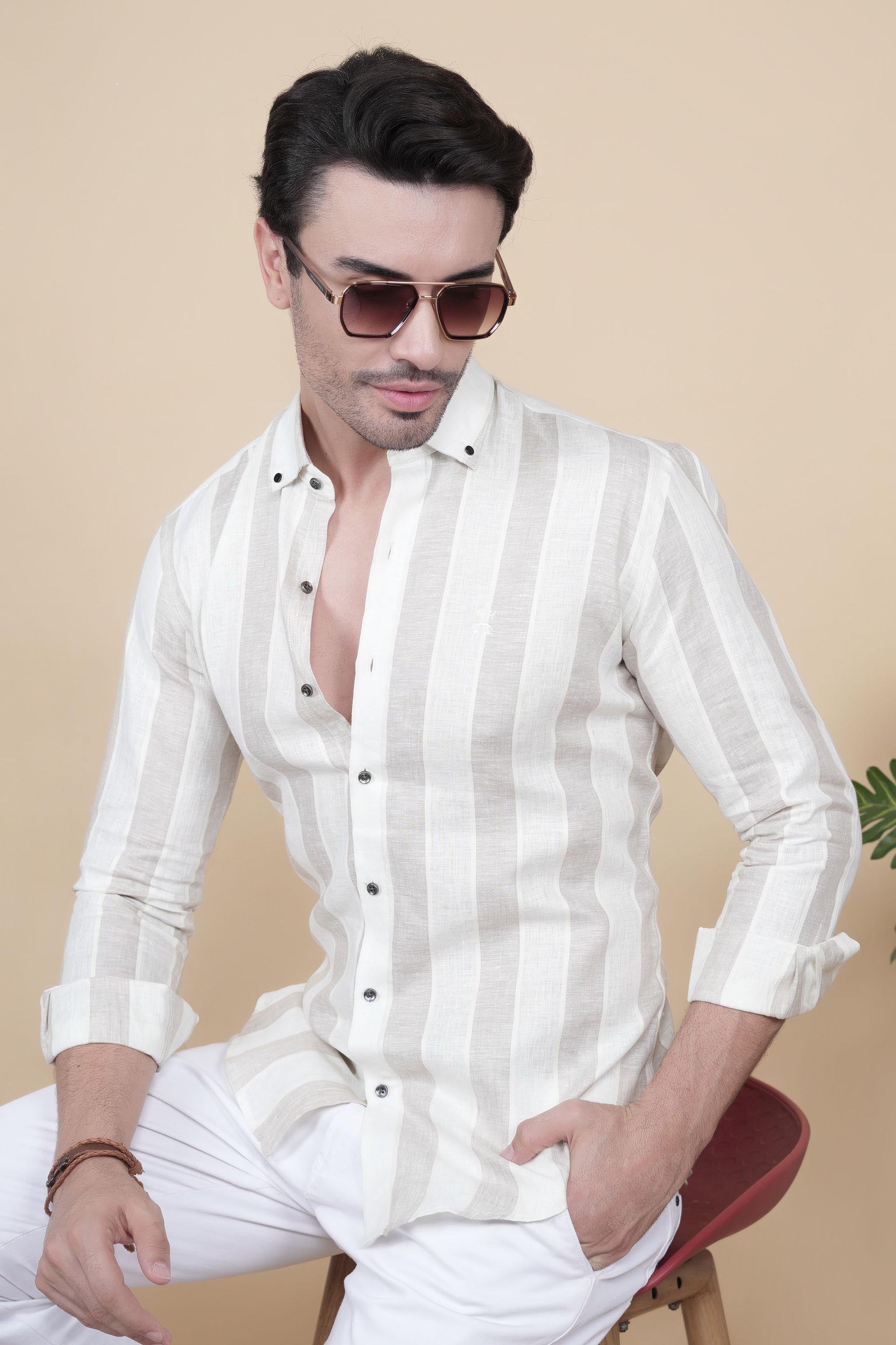 Jerzy Cream Linen Striped Shirt