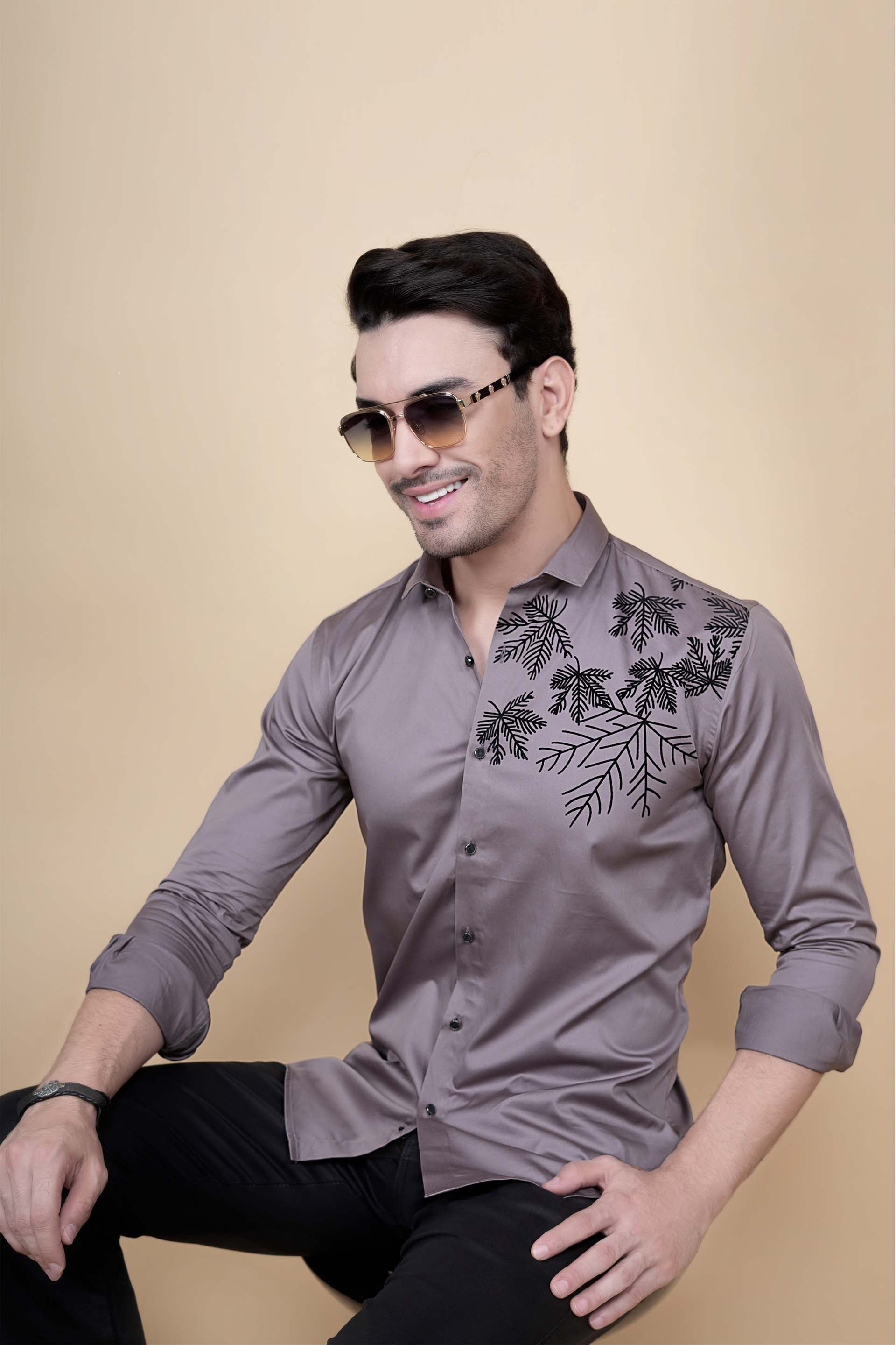 Dany Grey Cotton Solid Embroidery Shirt
