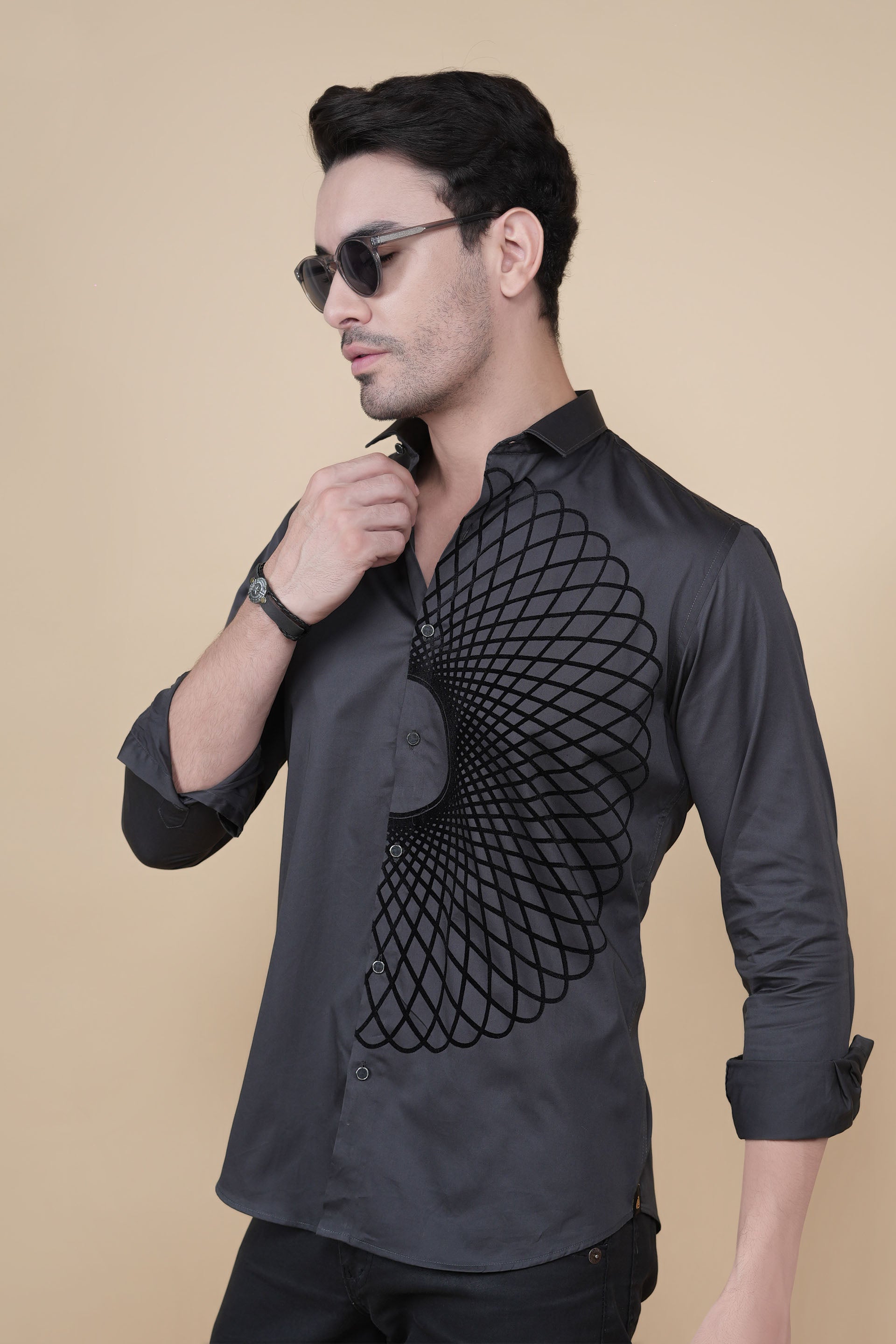 Matej Grey Cotton Solid Embroidery Shirt