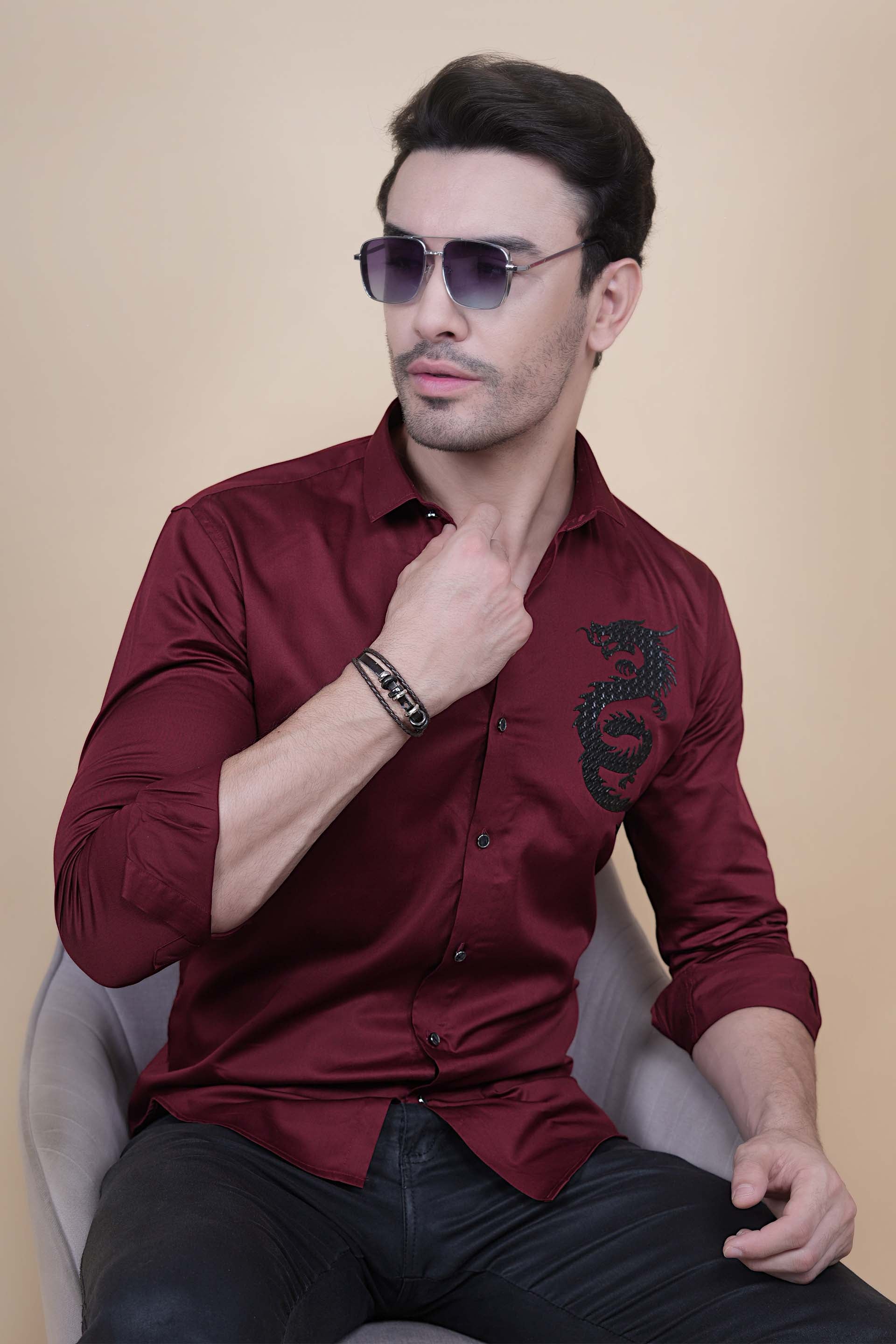 Dragon Maroon Cotton Solid Shirt