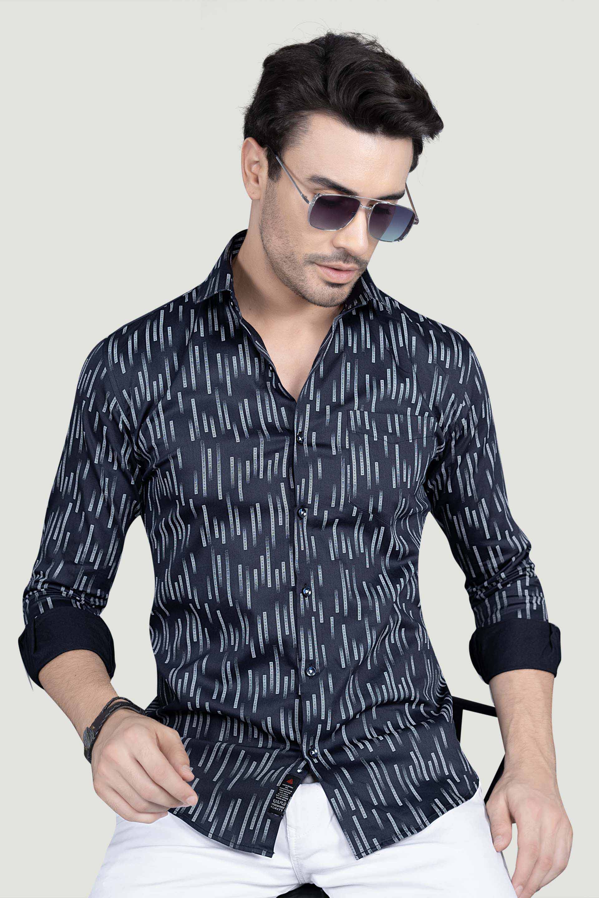 Gibson Navy Blue Cotton Printed Shirt