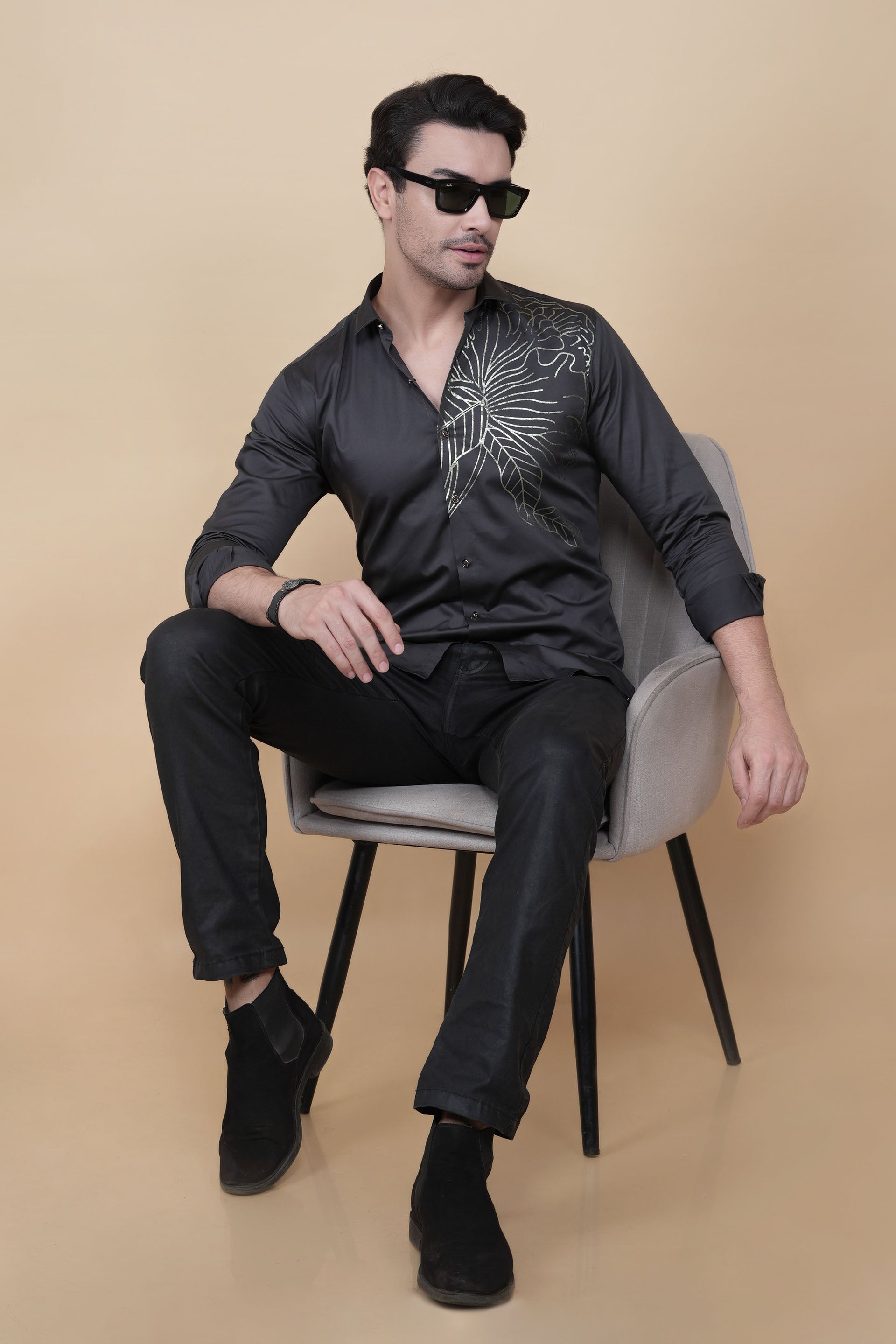 Carlos Black Cotton Flower Petals Solid Shirt