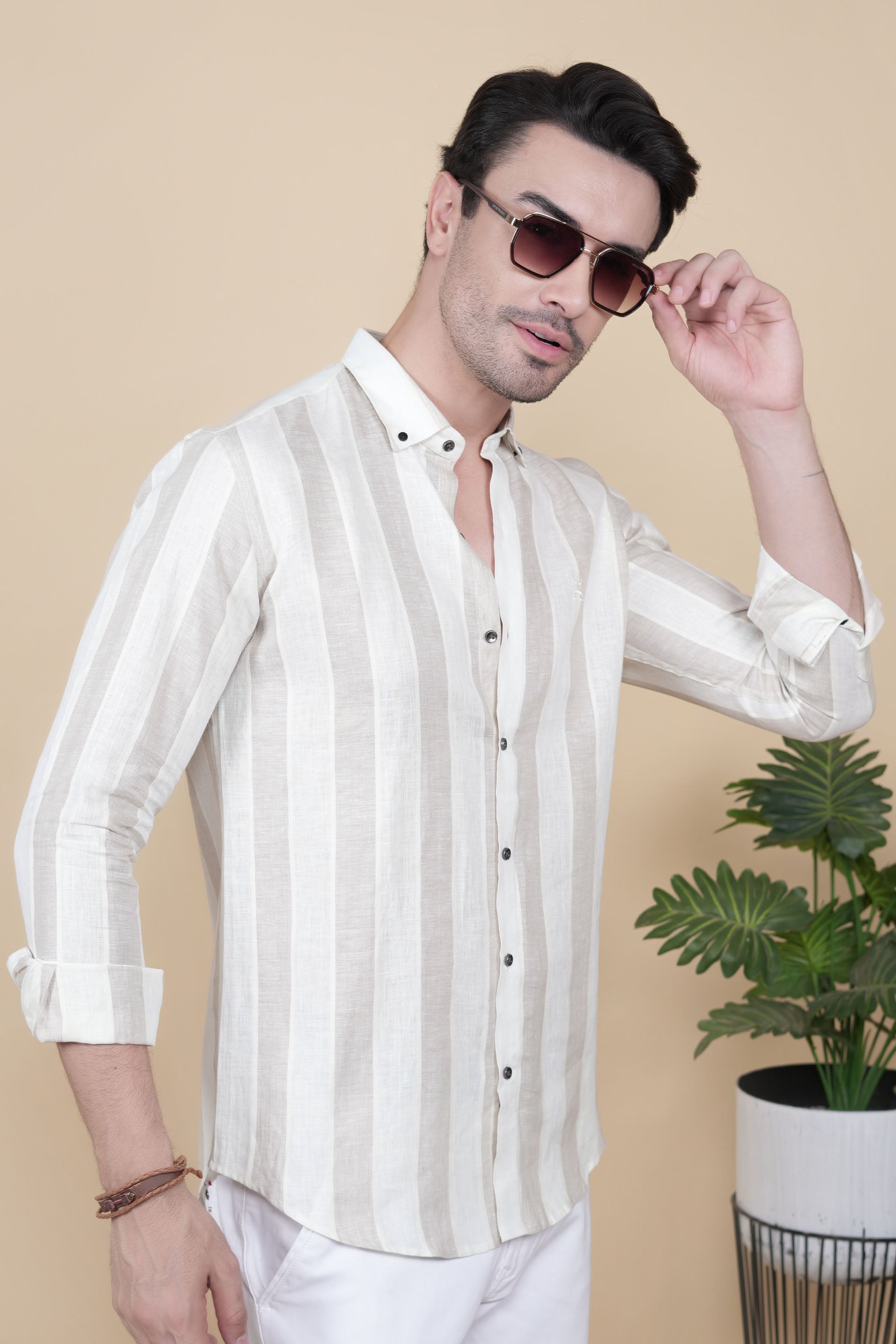 Jerzy Cream Linen Striped Shirt