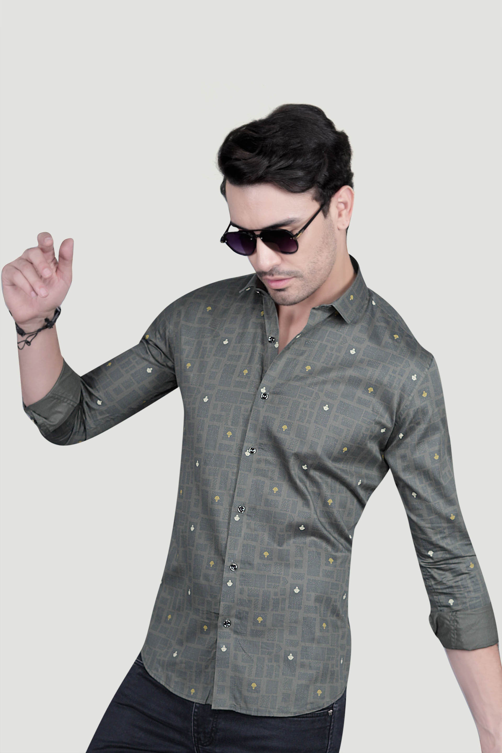 Leon Grey Cotton Printed Shirt