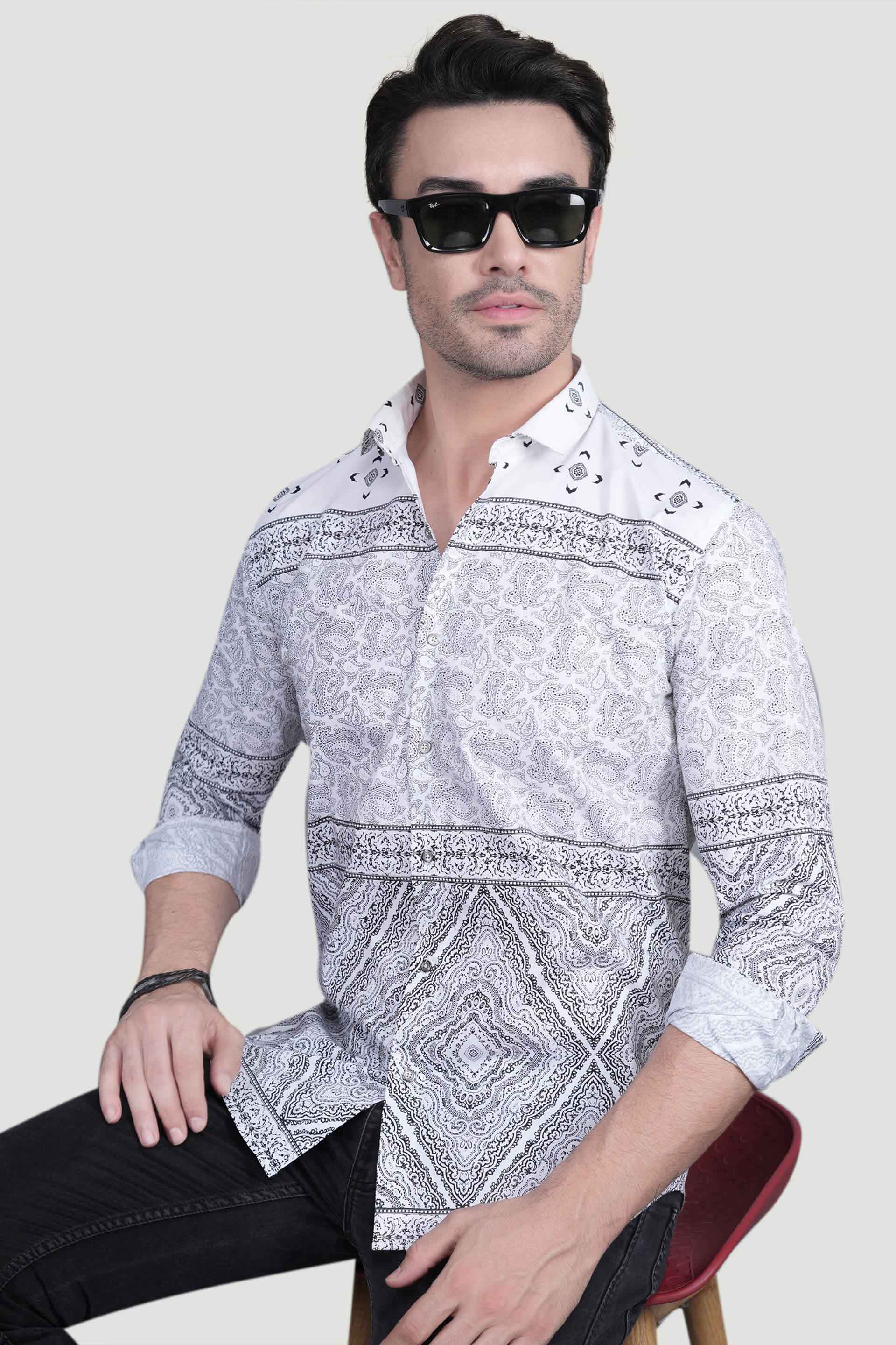 Tiberius White Cotton Printed Shirt